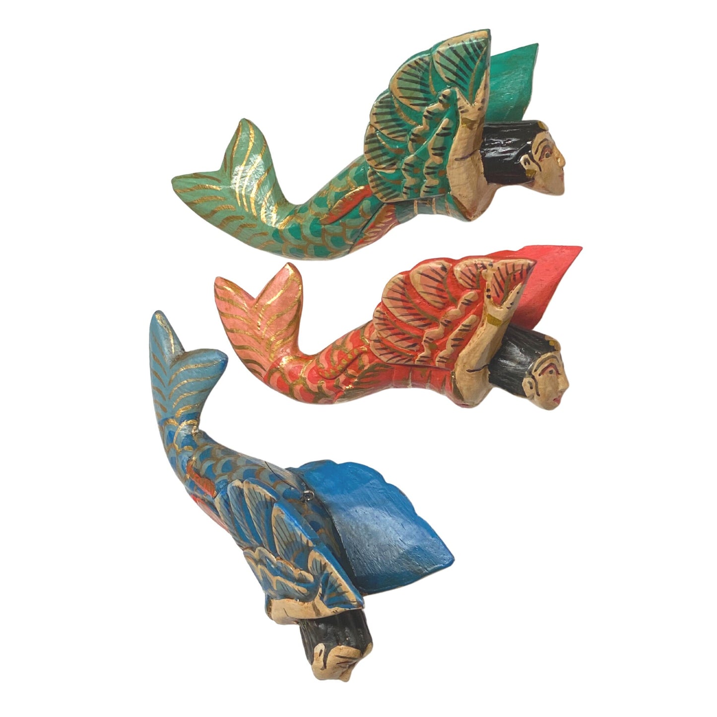 Bali winged Mermaid Goddess Sisters Ornament Carved Wood Set 3 Balinese Art