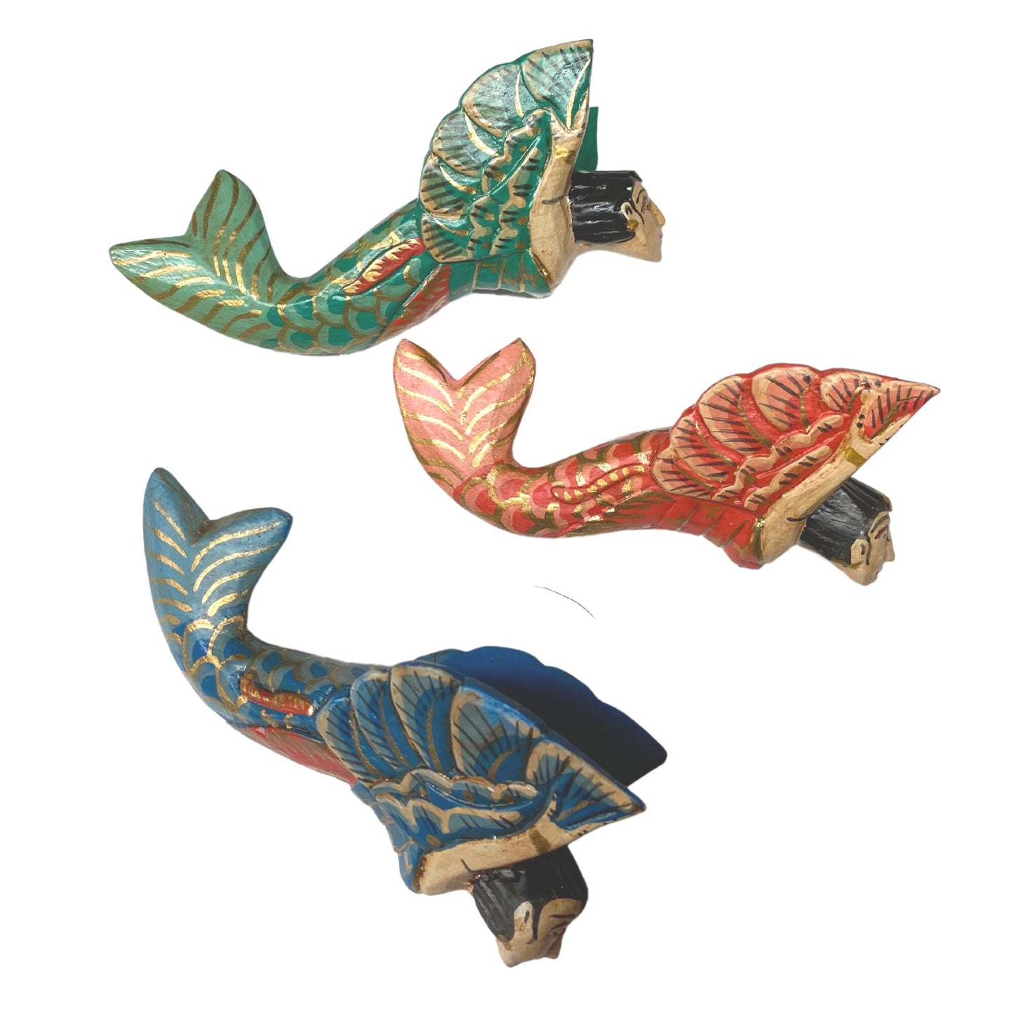 Bali winged Mermaid Goddess Sisters Ornament Carved Wood Set 3 Balinese Art