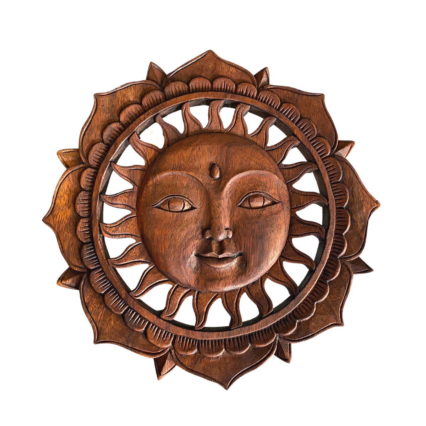 Balinese Sun Surya & Lotus Wall art Panel Sculpture Plaque Hand Carved Wood Carving Bali Folk Art