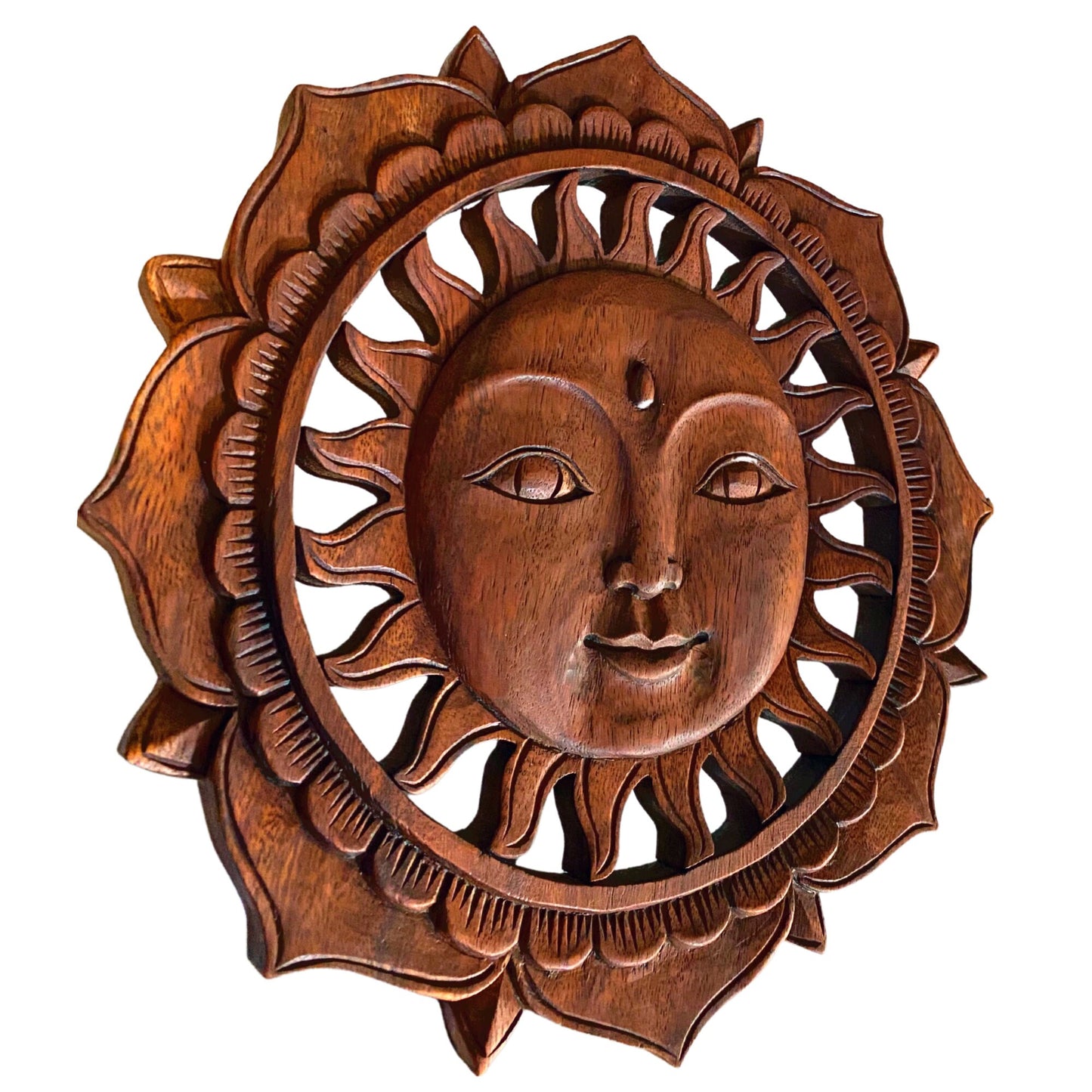 Balinese Hand Carved Sun & Lotus Wall art Panel, Bali Celestial Folk Art Wood Carving