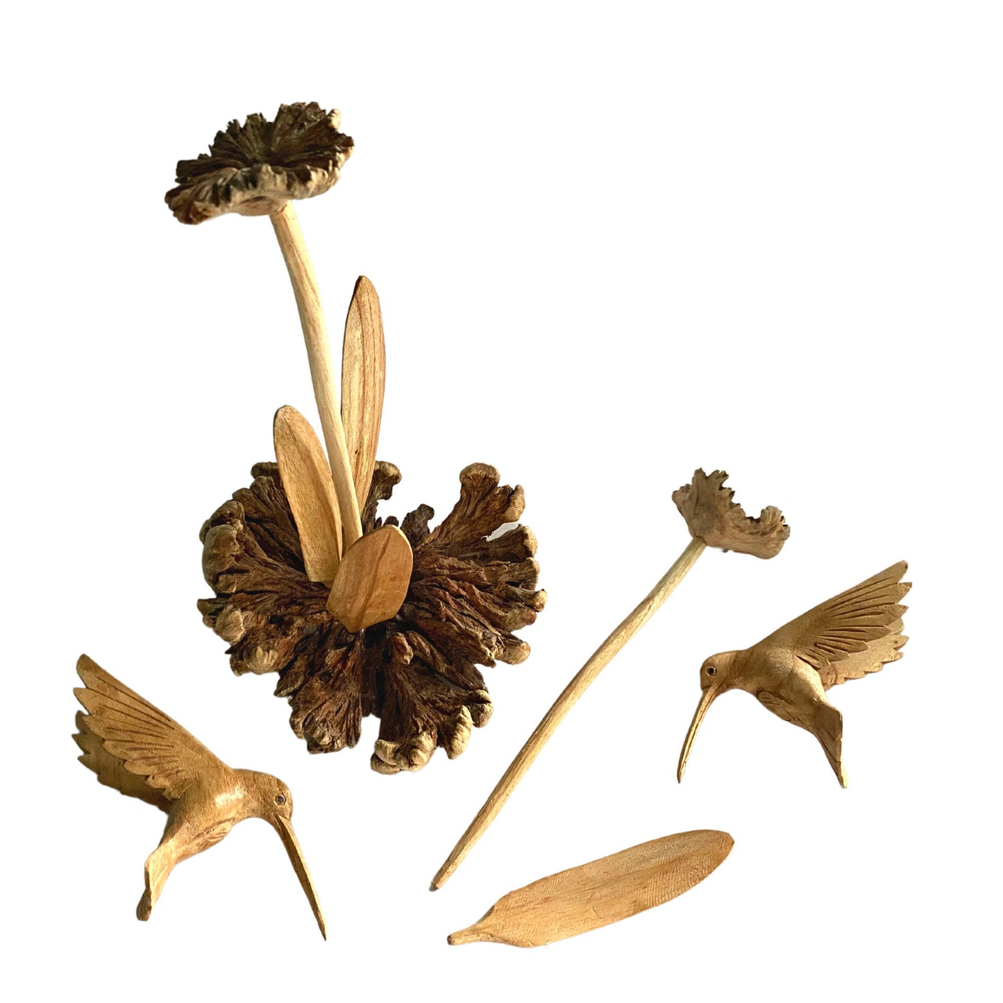 Hummingbird On a flower Carved Parasite Wood Sculpture: Mushroom Wood Bird Carving Statue, Balinese art