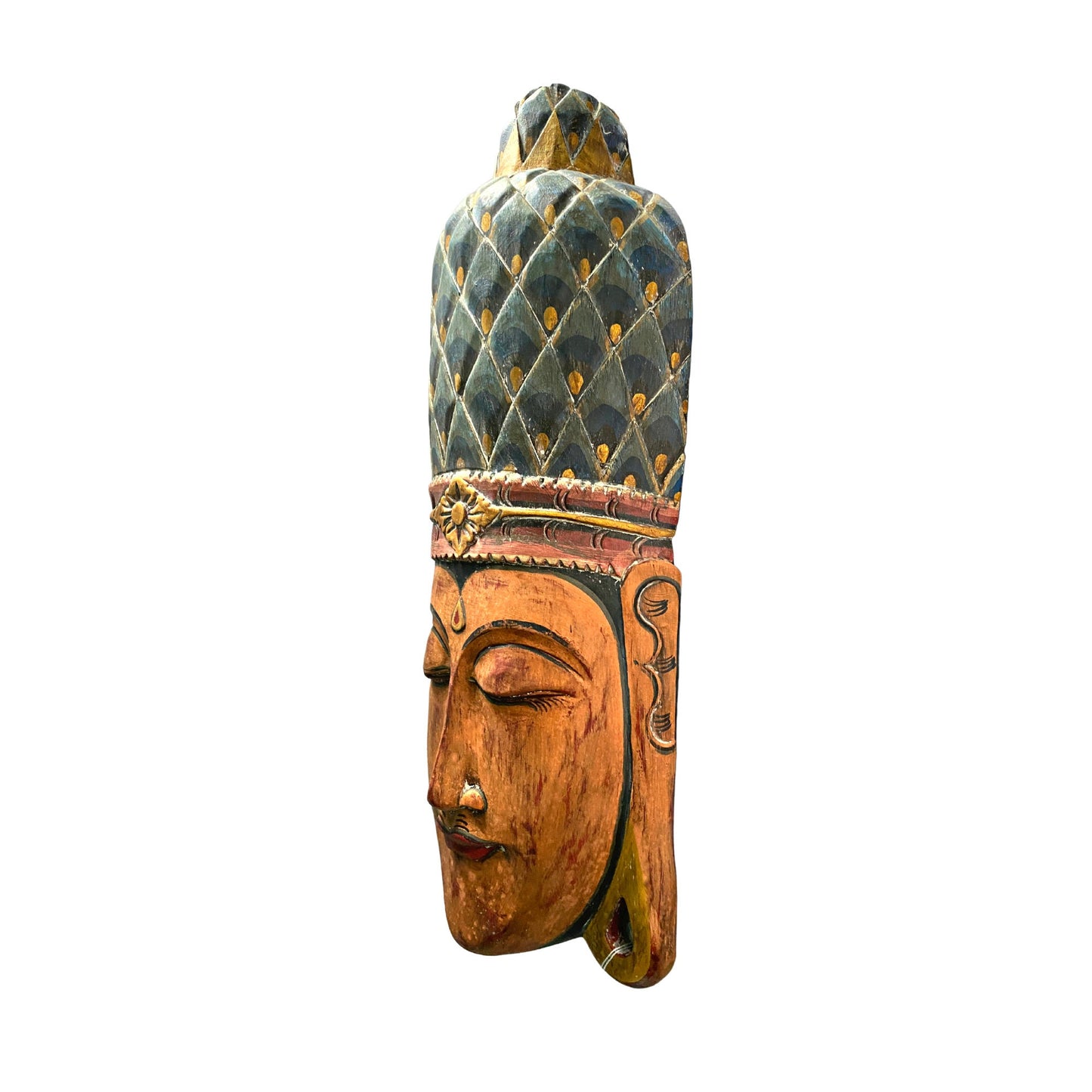 Balinese Buddha Wooden Mask Peacock Crown Vintage style Buddha Mask Hand Carved wood carving Bali Folk Art Eclectic wall sculpture