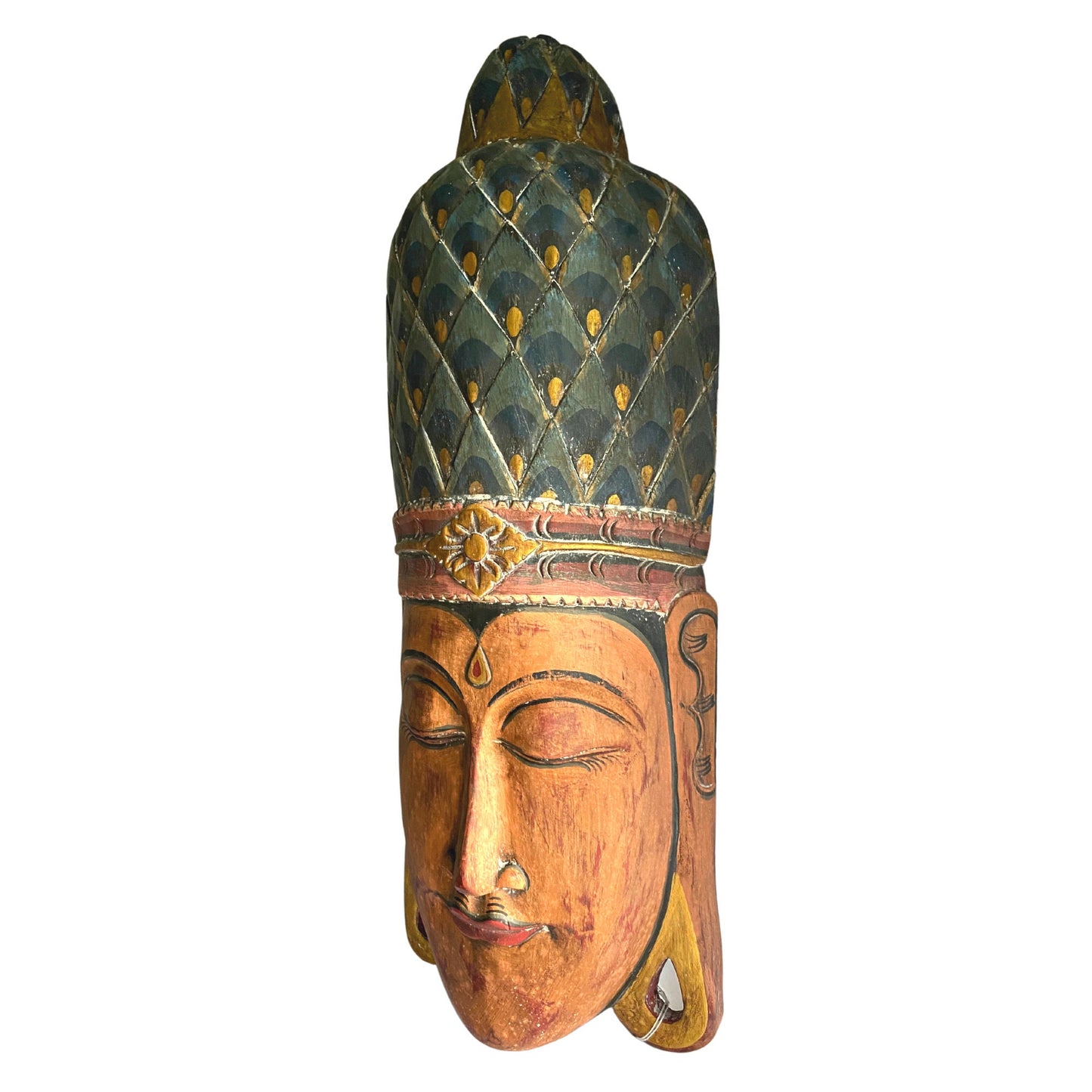 Balinese Buddha Wooden Mask Peacock Crown Vintage style Buddha Mask Hand Carved wood carving Bali Folk Art Eclectic wall sculpture