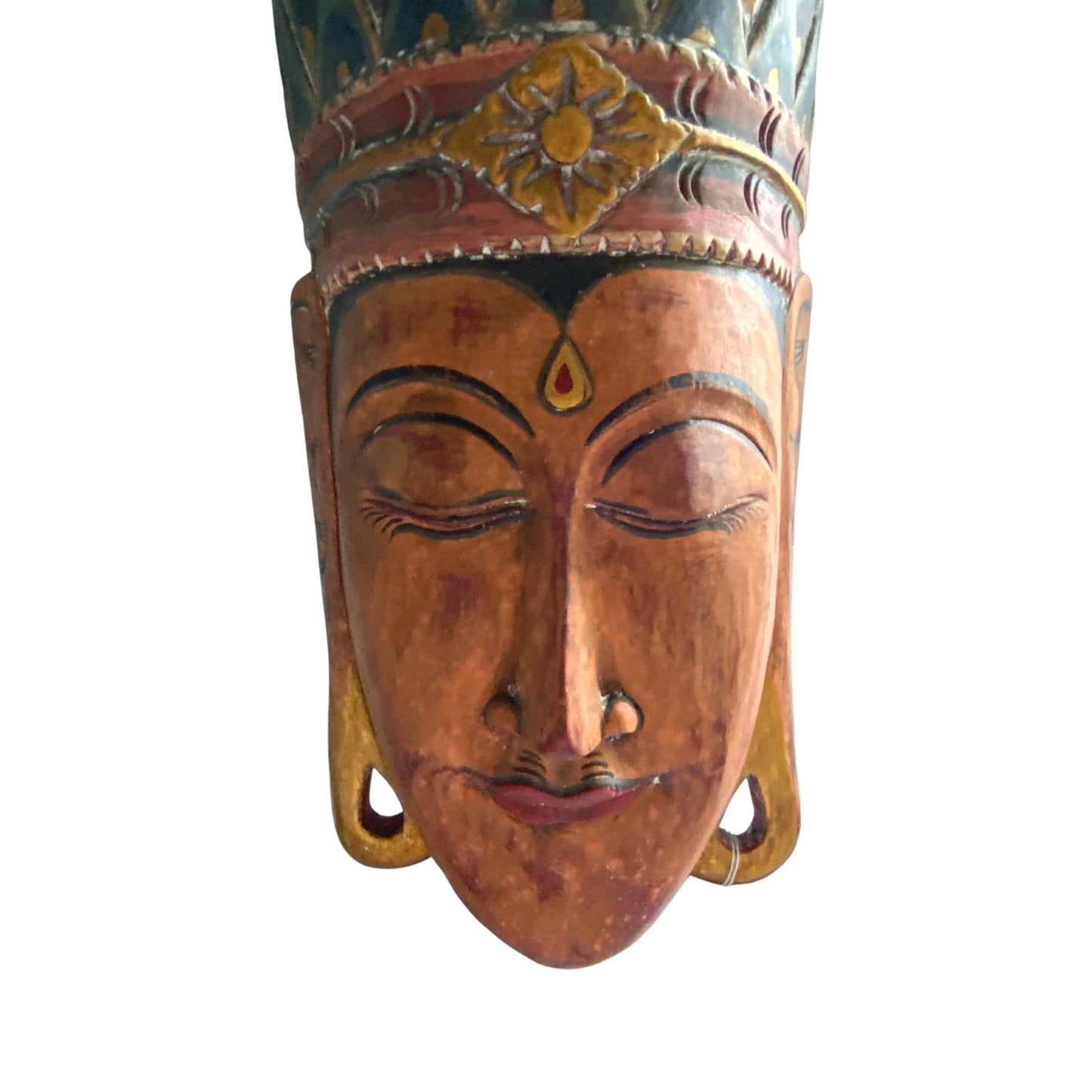 Balinese Buddha Wooden Mask Peacock Crown Vintage style Buddha Mask Hand Carved wood carving Bali Folk Art Eclectic wall sculpture