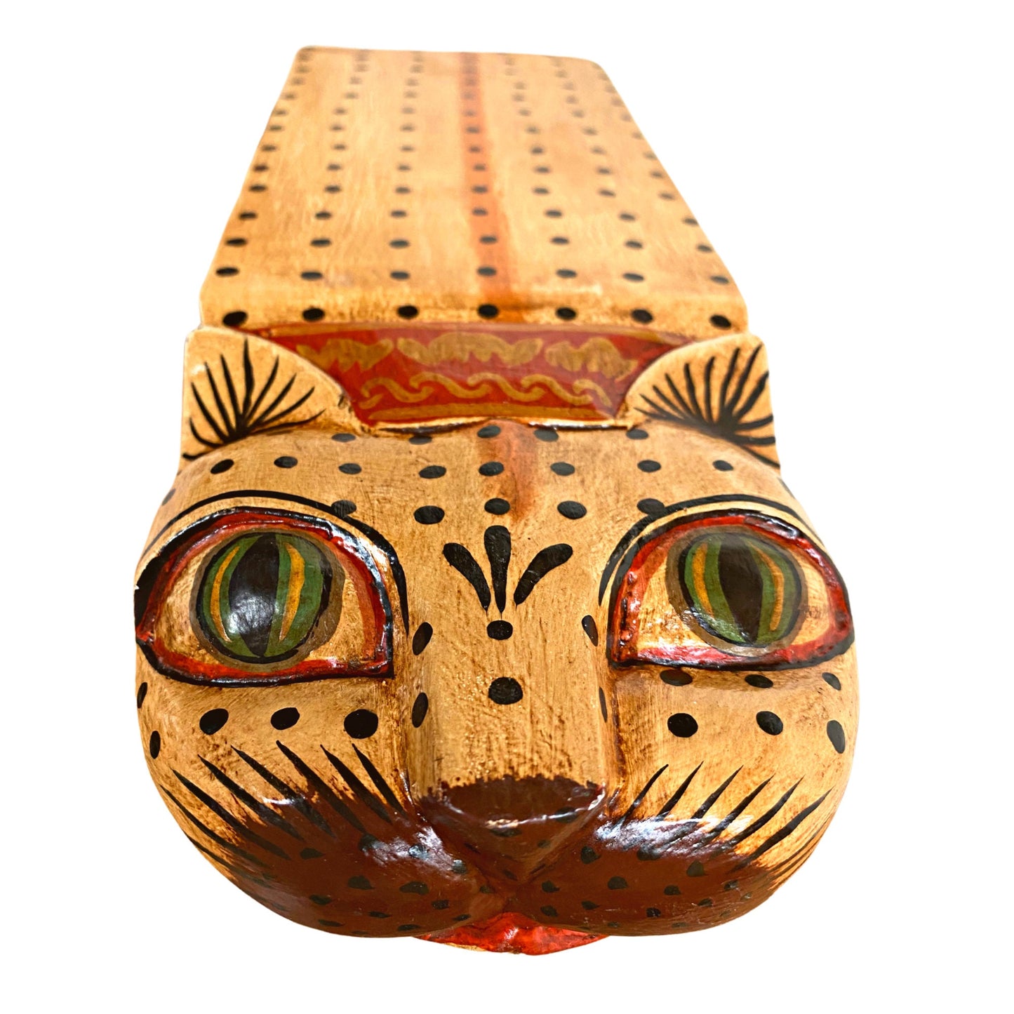 Tiger Cat Plant Stand Black & Beige Stripe Dots Leopard Spots Balinese Hand Carved Wood Carving Feline Bali Folk Art Wooden Stool - Acadia World Traders