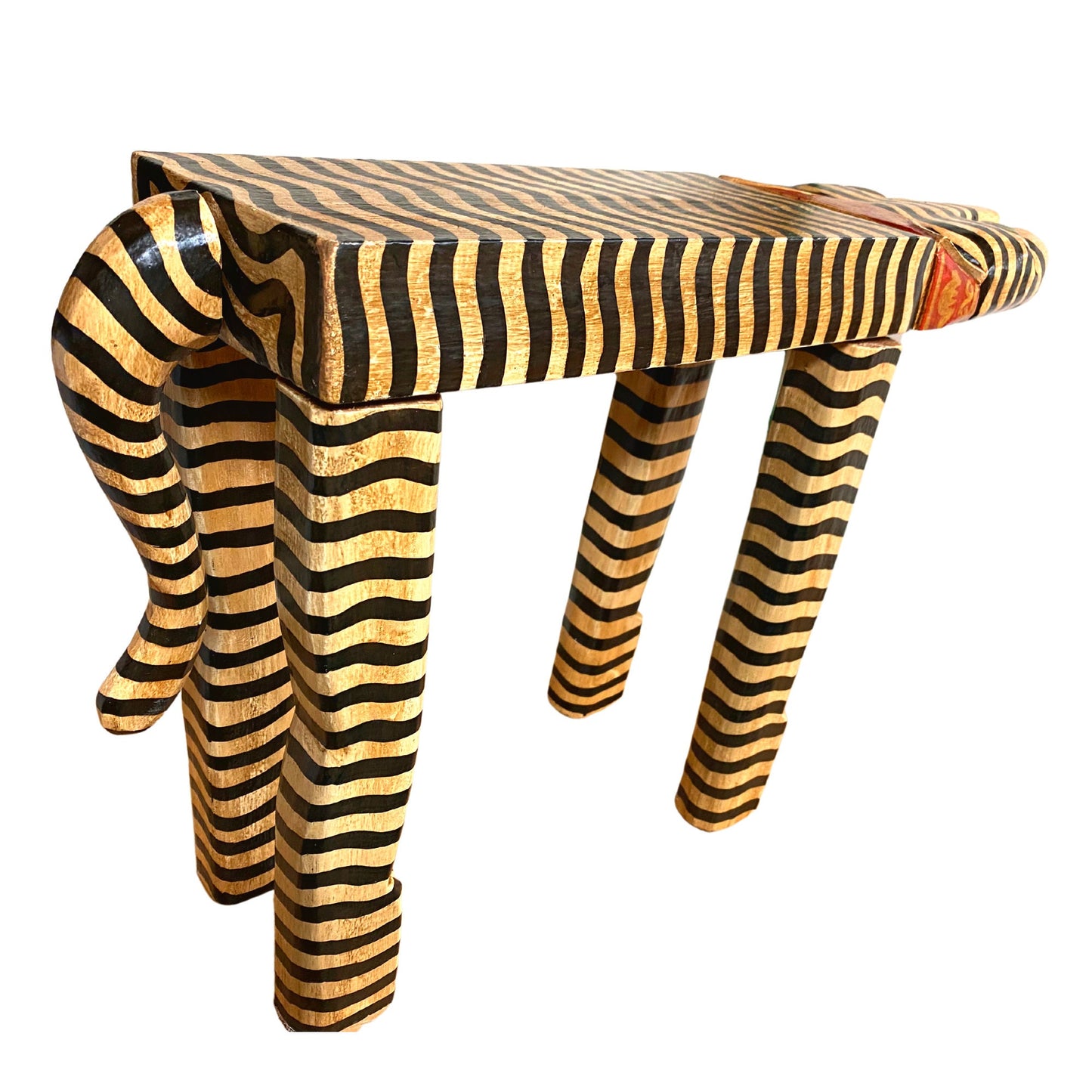 Tiger Cat Plant Stand Black & Beige Stripe Dots Leopard Spots Balinese Hand Carved Wood Carving Feline Bali Folk Art Wooden Stool - Acadia World Traders