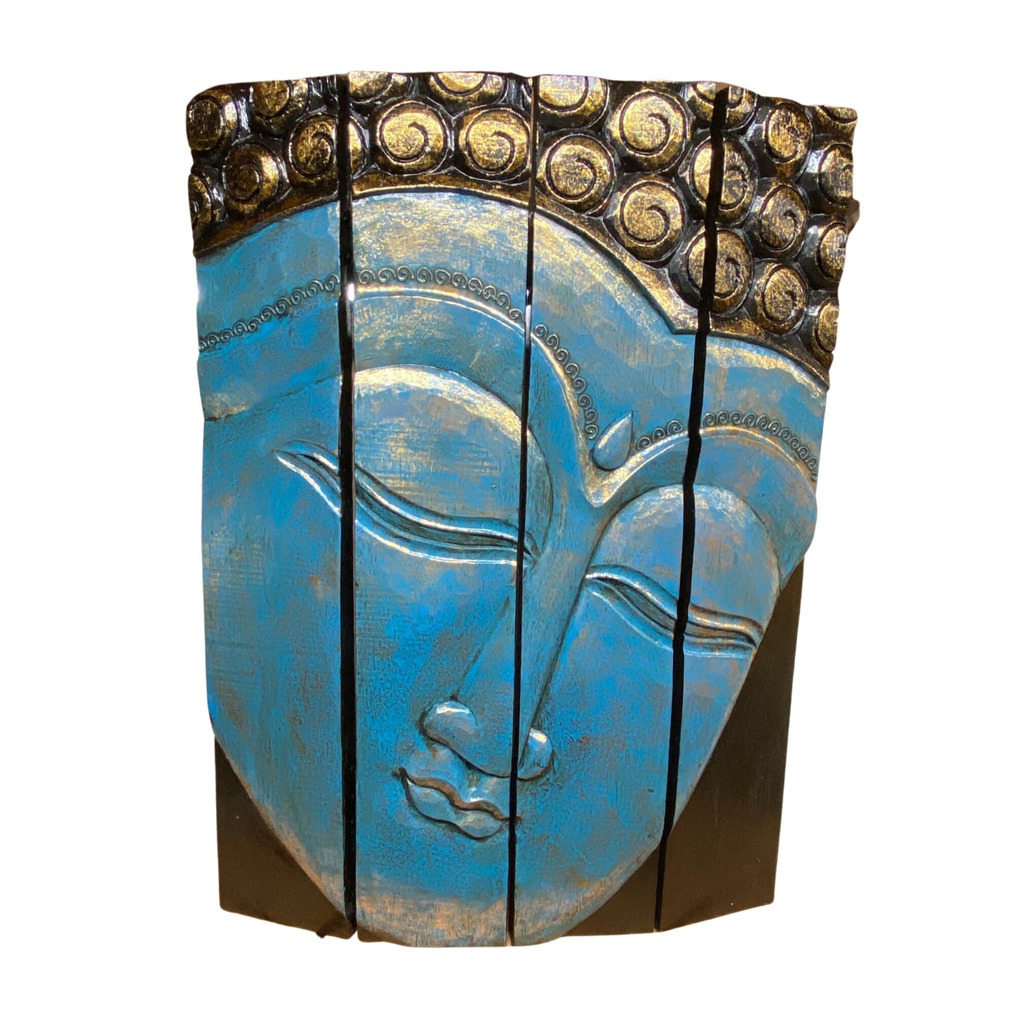 Calm Blue Buddha Wall Art Panel Folding Screen Hand Carved Wood Carving Balinese Handcrafted Handmade Eclectic Asian Style Boho Decor
