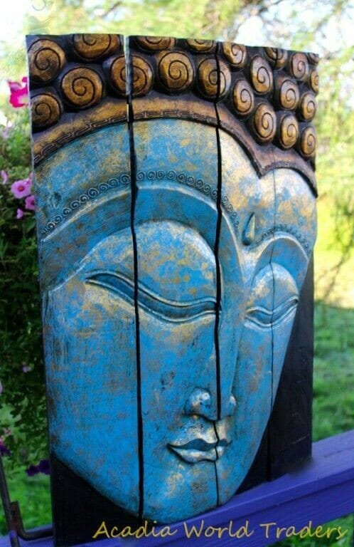 Calm Blue Buddha Wall Art Panel Folding Screen Hand Carved Wood Carving Balinese Handcrafted Handmade Eclectic Asian Style Boho Decor