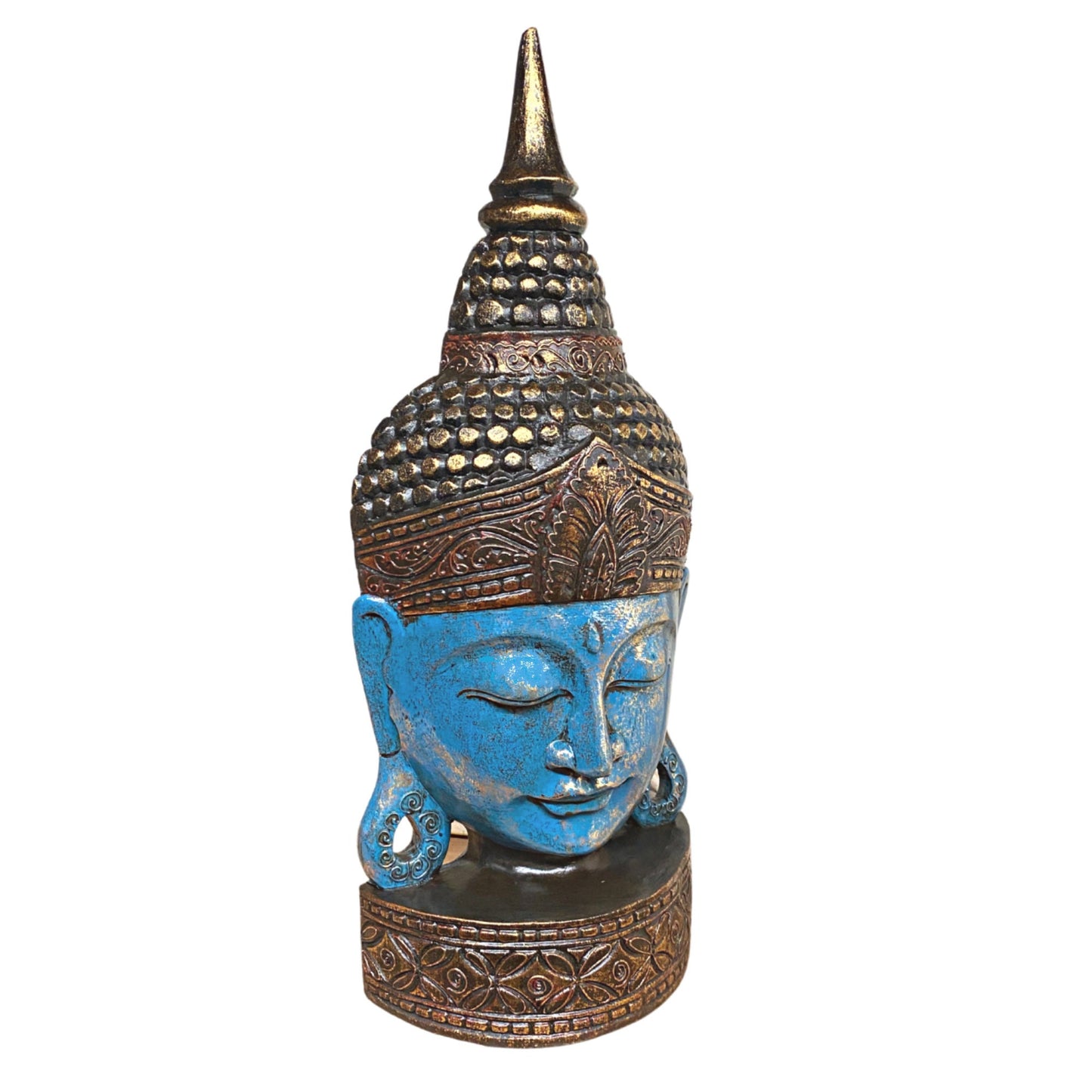 Balinese Enlightened Buddha Wooden Mask Wall freestanding Mask Sculpture Hand Carved Wood Carving Balinese Folk art Blue Boho Decor 24"