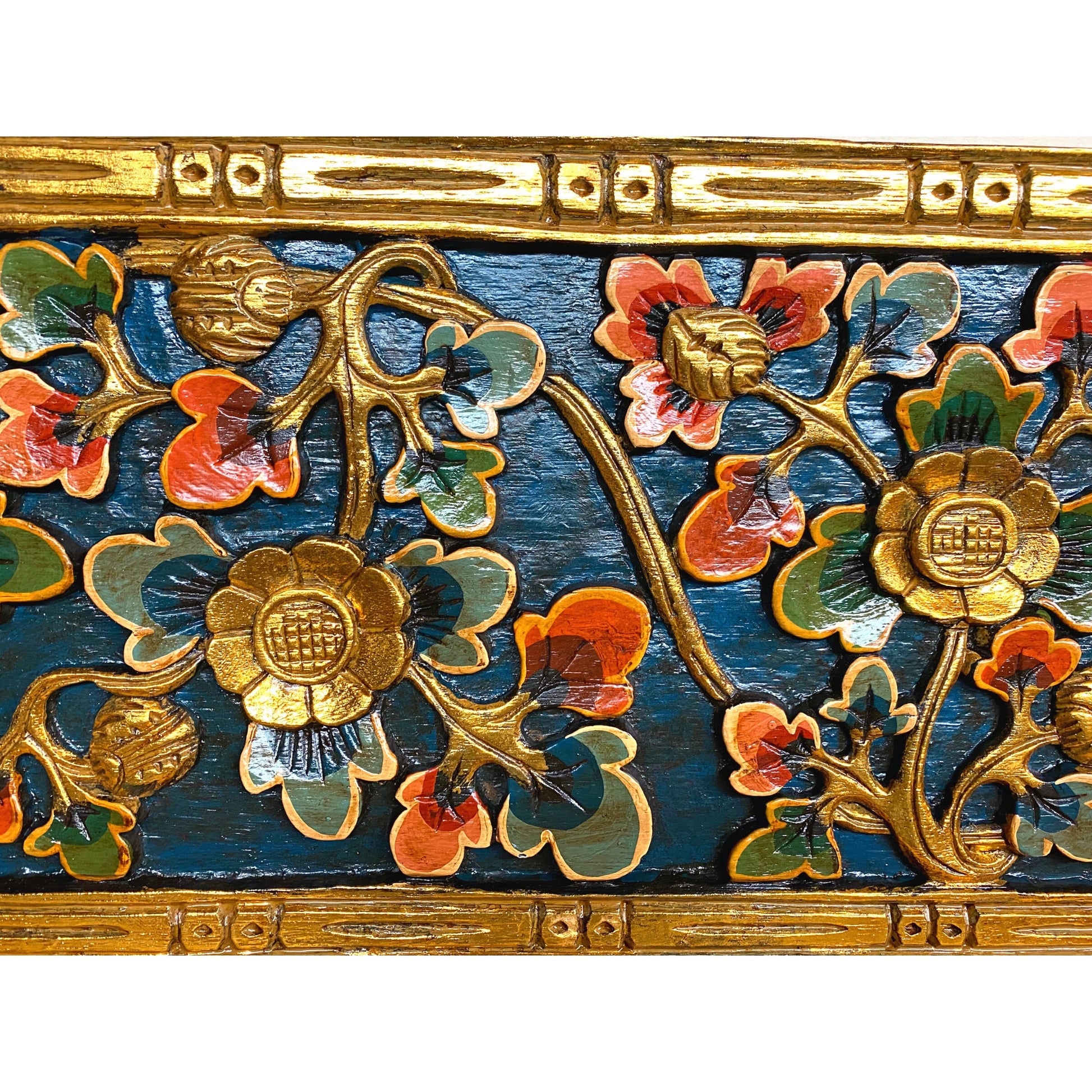 Balinese Lotus Panel architectural Relief Wood Carving Bali wall Art teal 24" - Acadia World Traders