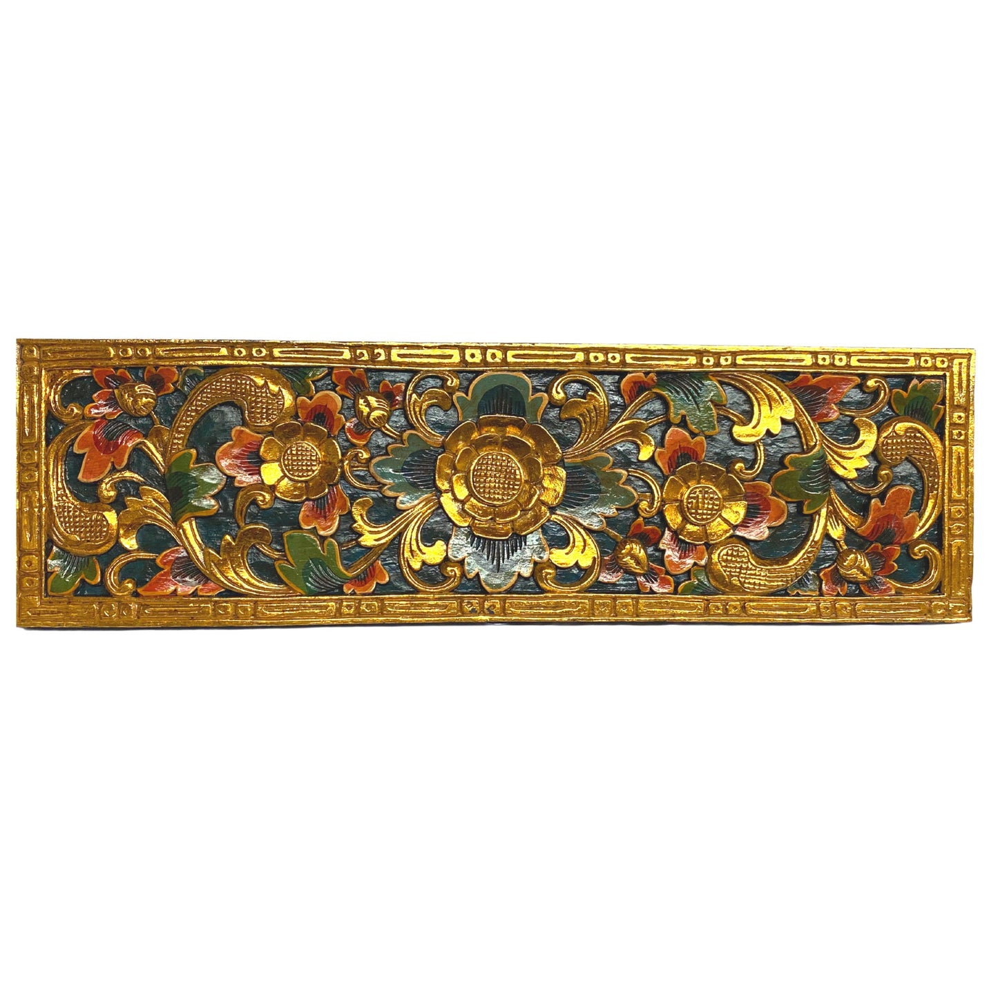 Balinese Golden Lotus Panel architectural Relief Wood Carving Bali wall Art teal 39"