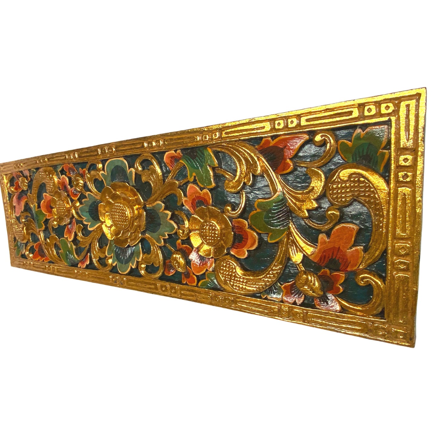 Balinese Golden Lotus Panel architectural Relief Wood Carving Bali wall Art teal 39"