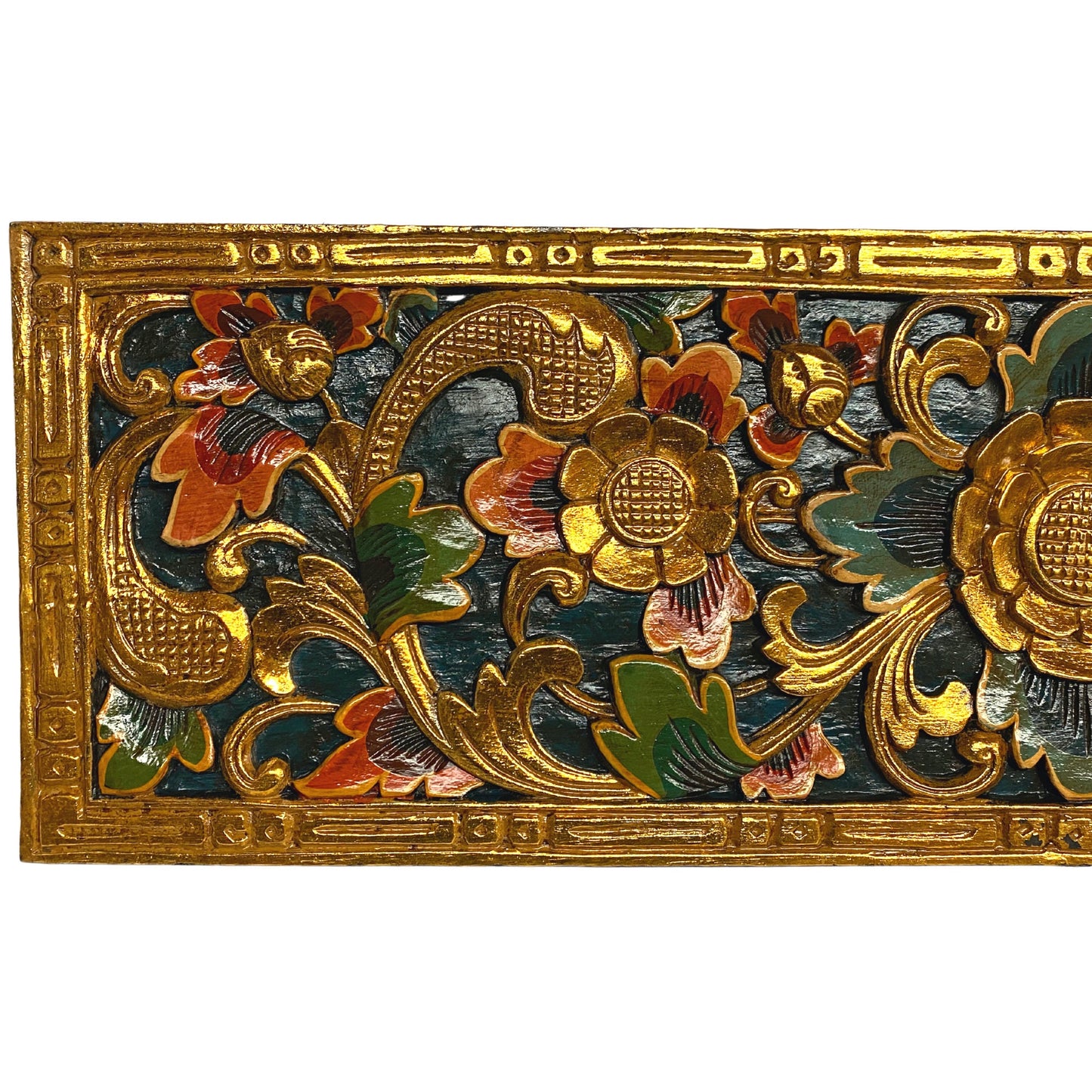 Balinese Golden Lotus Panel architectural Relief Wood Carving Bali wall Art teal 39"