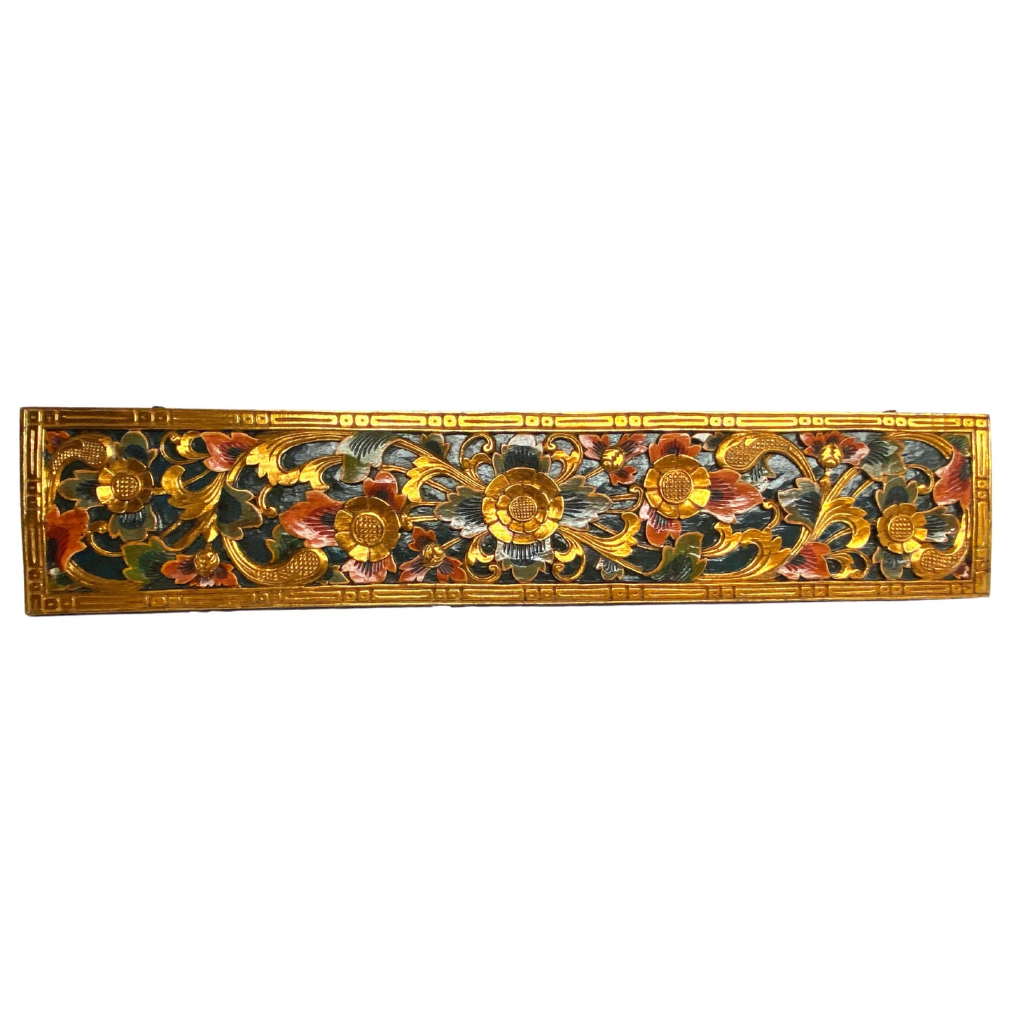 Balinese golden Lotus Motif Panel architectural Relief Wood Carving Bali wall Art teal 60"