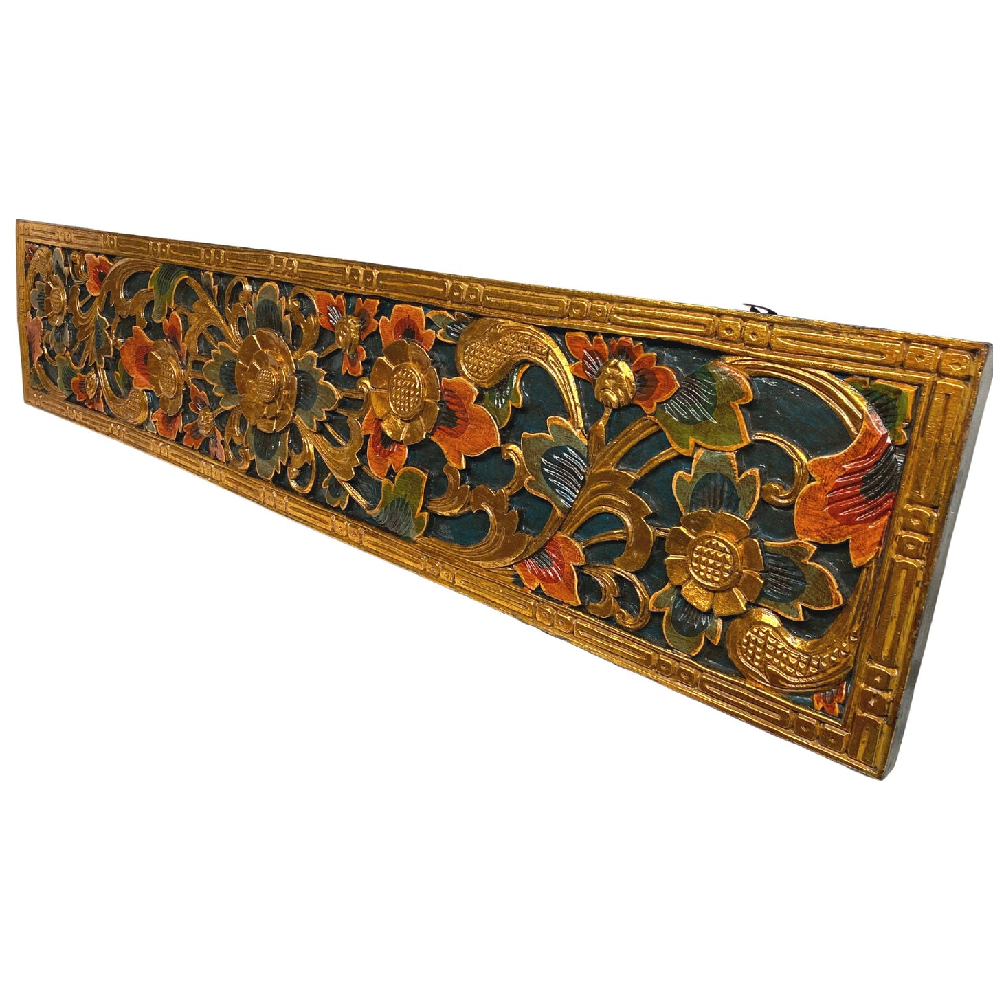 Balinese golden Lotus Motif Panel architectural Relief Wood Carving Bali wall Art teal 60"