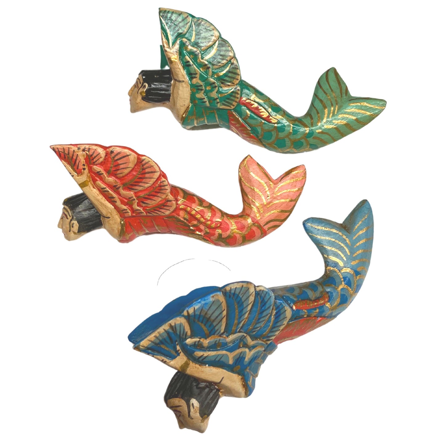 Bali winged Mermaid Goddess Sisters Ornament Carved Wood Set 3 Balinese Art