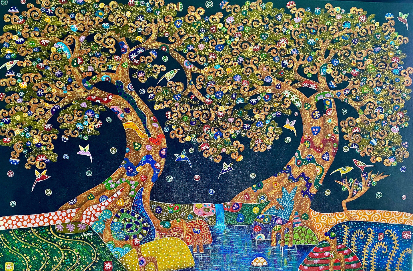 Tree of Life Fine art Painting acrylic on Canvas signed Agung Bali Wall Art Ubud Bali Klimt inspired