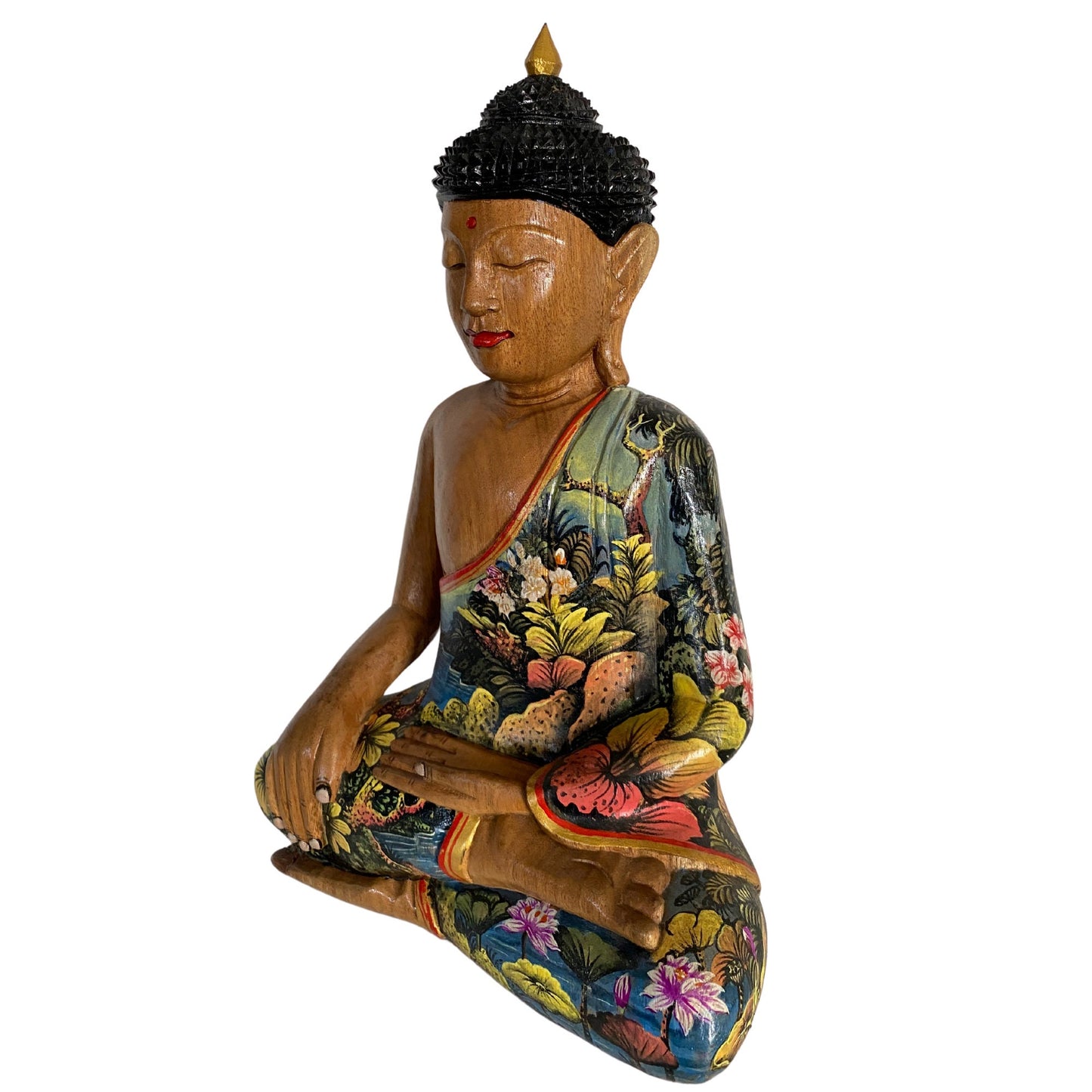 Buddha Wood Carving Statue Touching the Earth Buddha Bhumisparsha Mudra Painted & hand Carved Wood Sculpture Balinese Art Bali Folkart