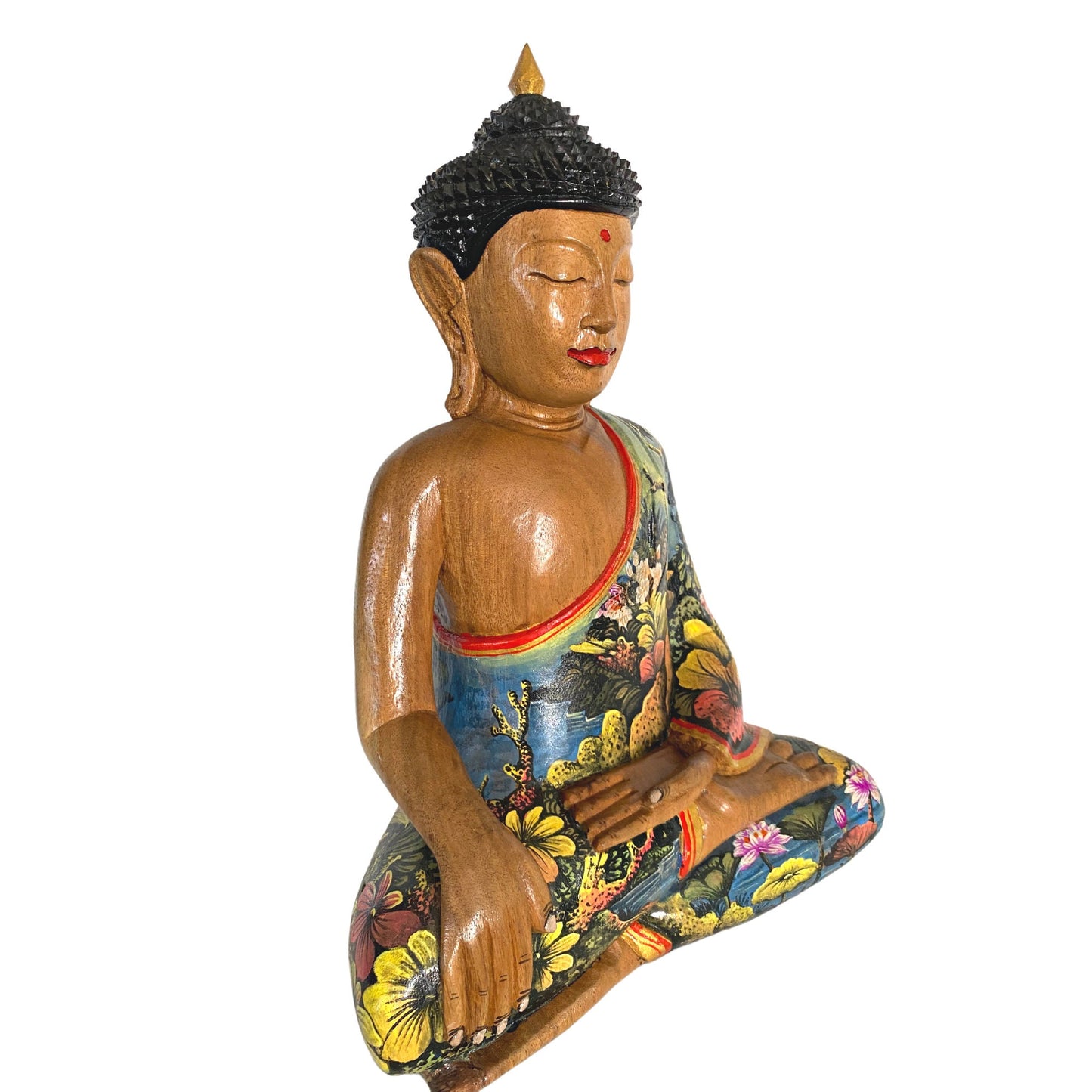 Buddha Wood Carving Statue Touching the Earth Buddha Bhumisparsha Mudra Painted & hand Carved Wood Sculpture Balinese Art Bali Folkart