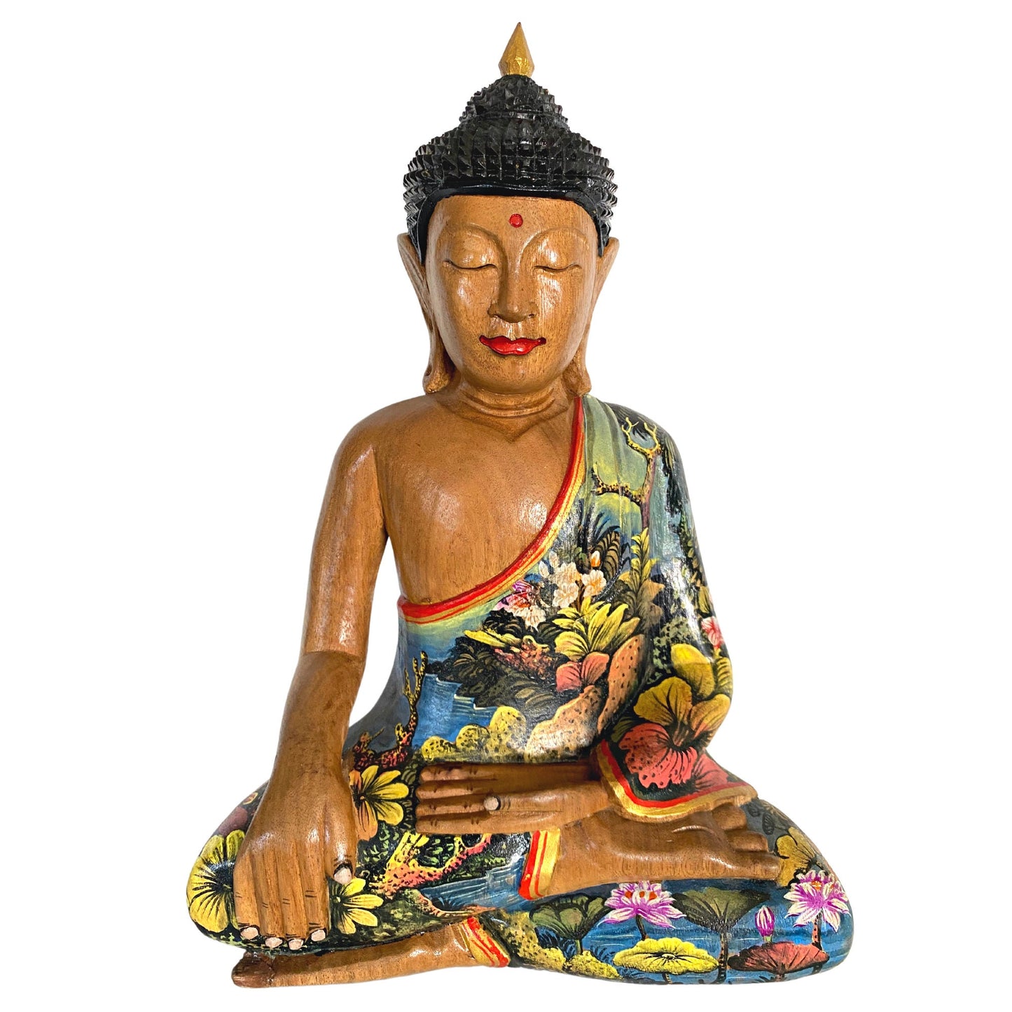 Buddha Wood Carving Statue Touching the Earth Buddha Bhumisparsha Mudra Painted & hand Carved Wood Sculpture Balinese Art Bali Folkart