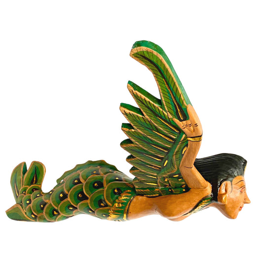 Bali Mermaid Mobile Goddess Winged Flying Sea Maiden Spirit Chaser Cradle Guardian Hand Carved Wood Green Balinese Folk art 16"