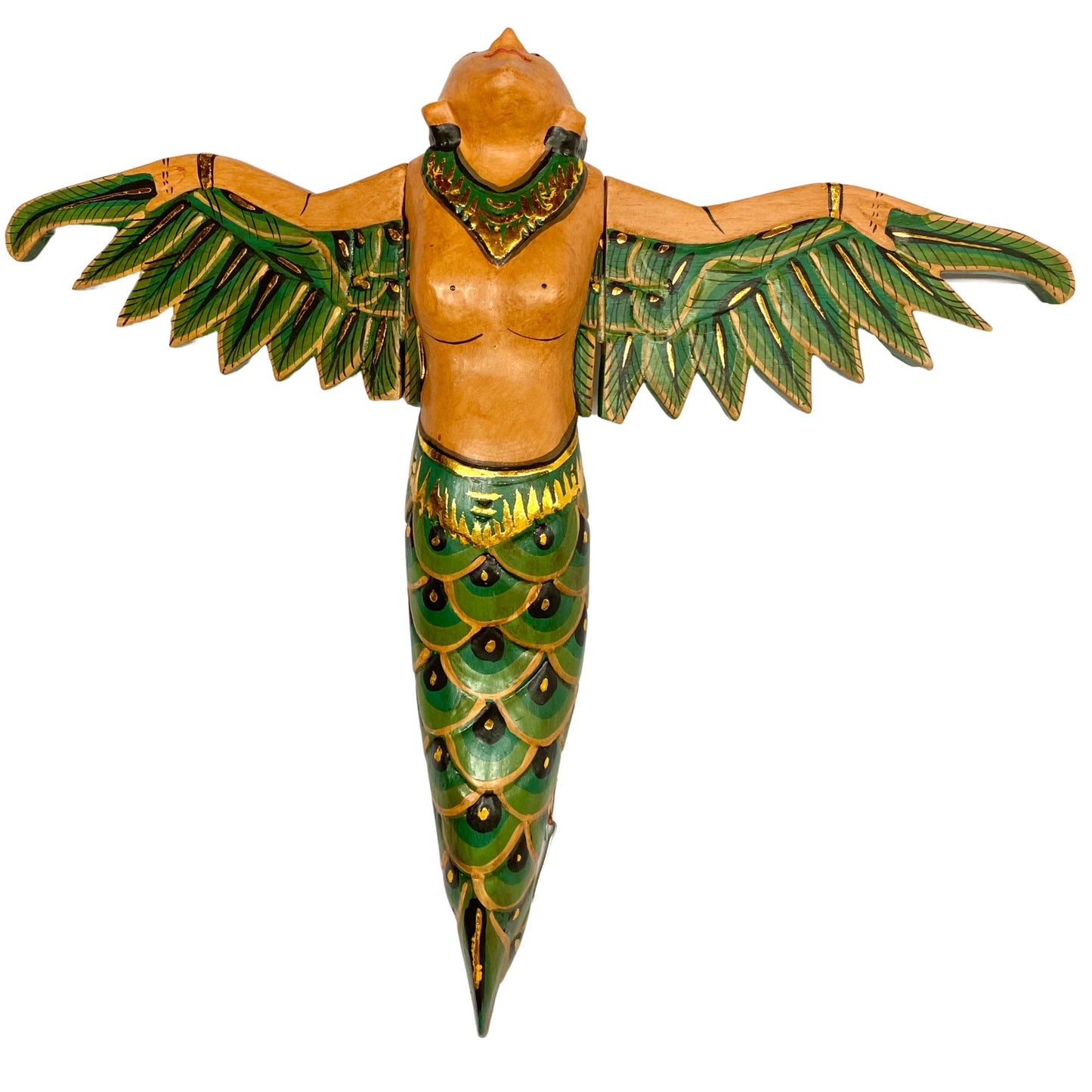 Bali Mermaid Mobile Goddess Winged Flying Sea Maiden Spirit Chaser Cradle Guardian Hand Carved Wood Green Balinese Folk art 16"