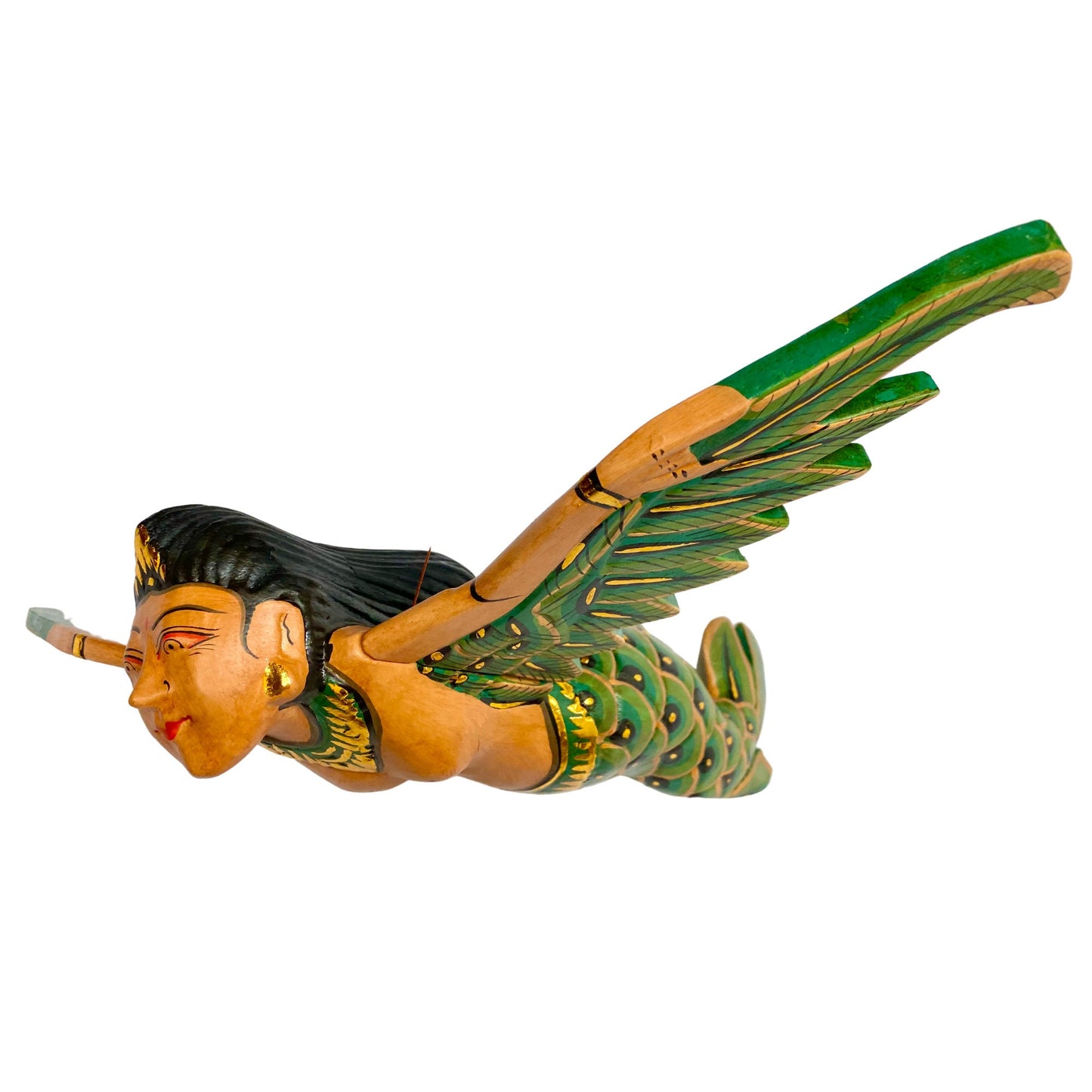 Bali Mermaid Mobile Goddess Winged Flying Sea Maiden Spirit Chaser Cradle Guardian Hand Carved Wood Green Balinese Folk art 16"