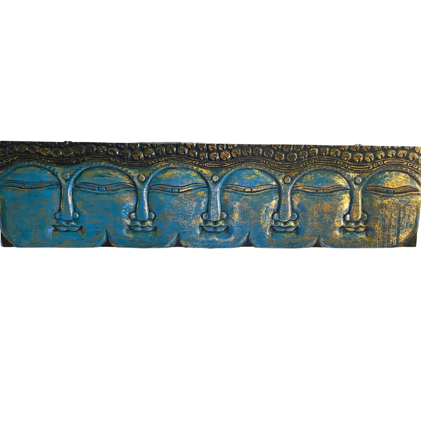 Infinite Faces of Buddha Panel Hand Carved Wood Relief Bali Wall Art Sculpture Balinese Folk Art Blue Home decor 48" - Acadia World Traders