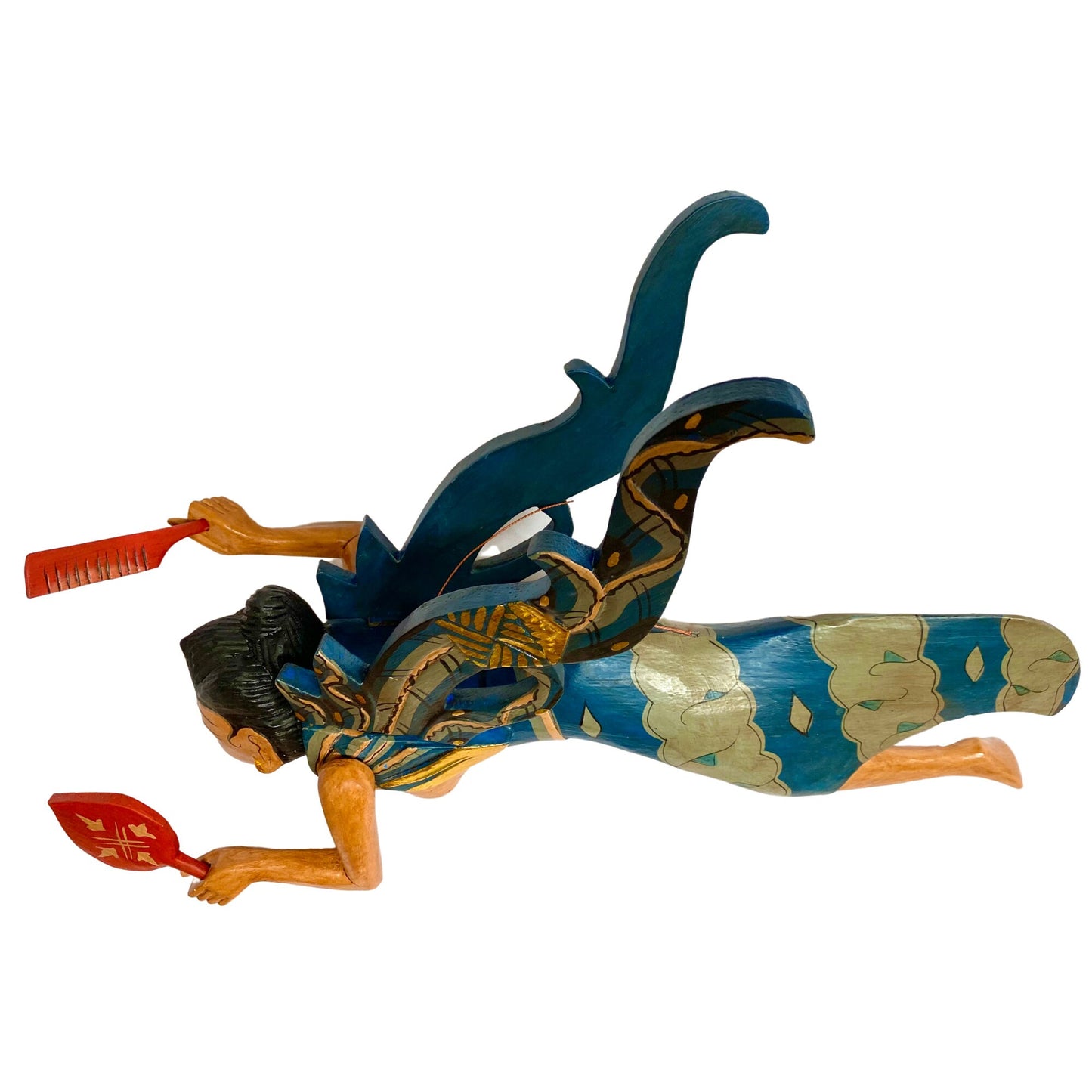 Winged Dewi Ratih Moon Lunar Goddess Mobile Spiritchaser Crib Guardian Hand Carved Wood Bali Folk Art Teal 16"