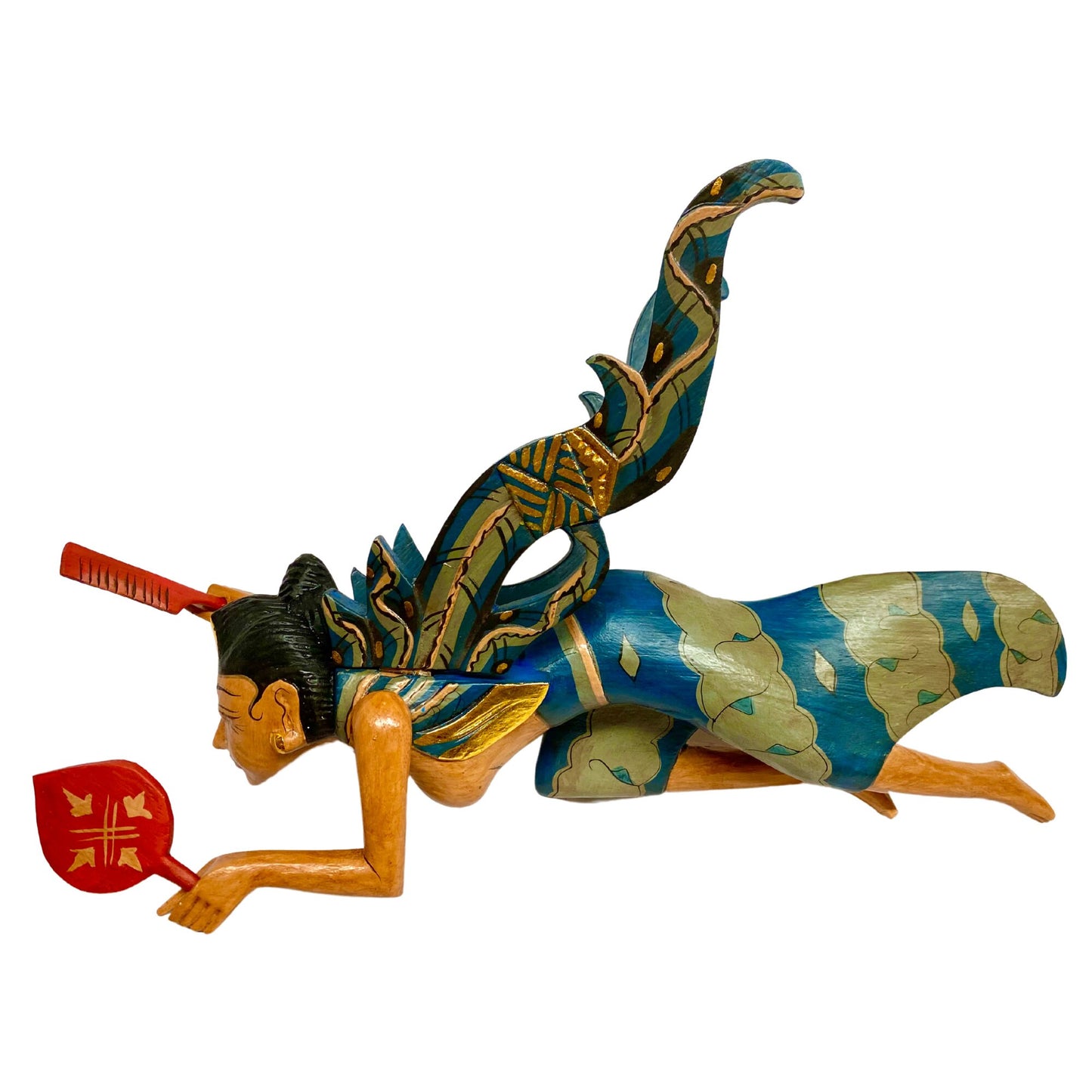Winged Dewi Ratih Moon Lunar Goddess Mobile Spiritchaser Crib Guardian Hand Carved Wood Bali Folk Art Teal 16"