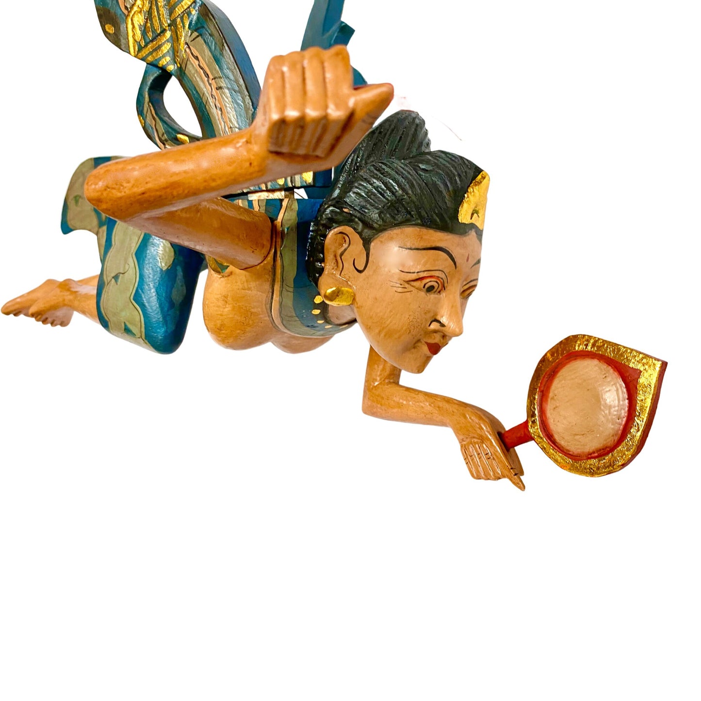 Winged Dewi Ratih Moon Lunar Goddess Mobile Spiritchaser Crib Guardian Hand Carved Wood Bali Folk Art Teal 16"