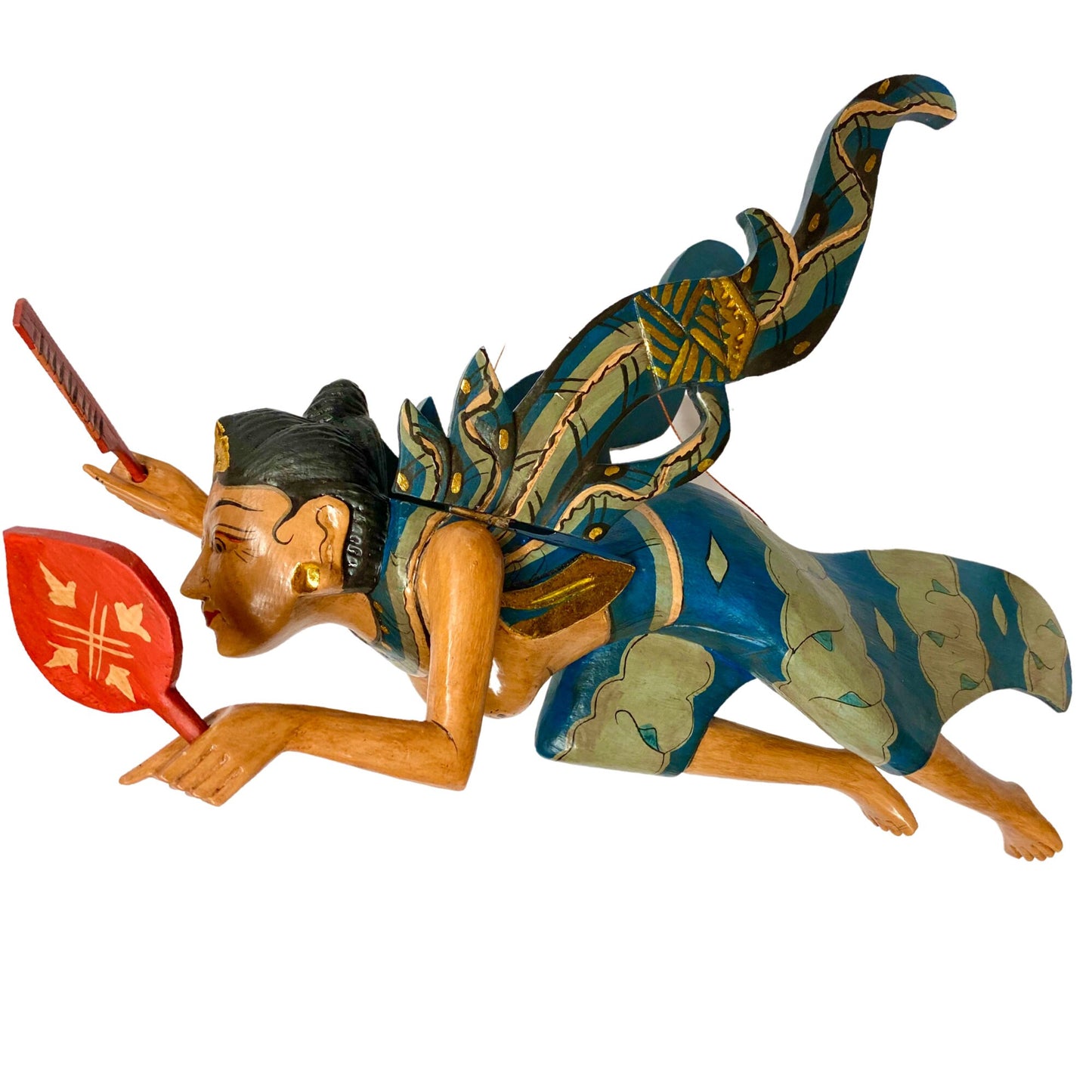 Winged Dewi Ratih Moon Lunar Goddess Mobile Spiritchaser Crib Guardian Hand Carved Wood Bali Folk Art Teal 16"