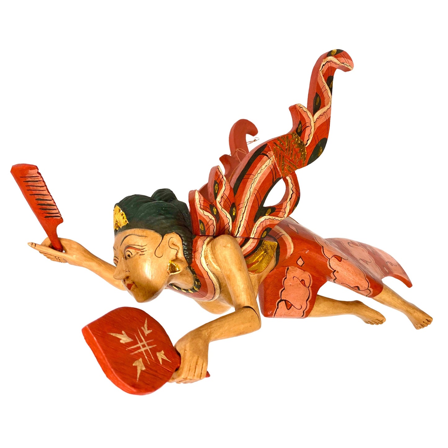 Flying Dewi Ratih Moon Lunar Goddess Mobile Crib Guardian Hand Carved Wood Bali Folk Art red 16"