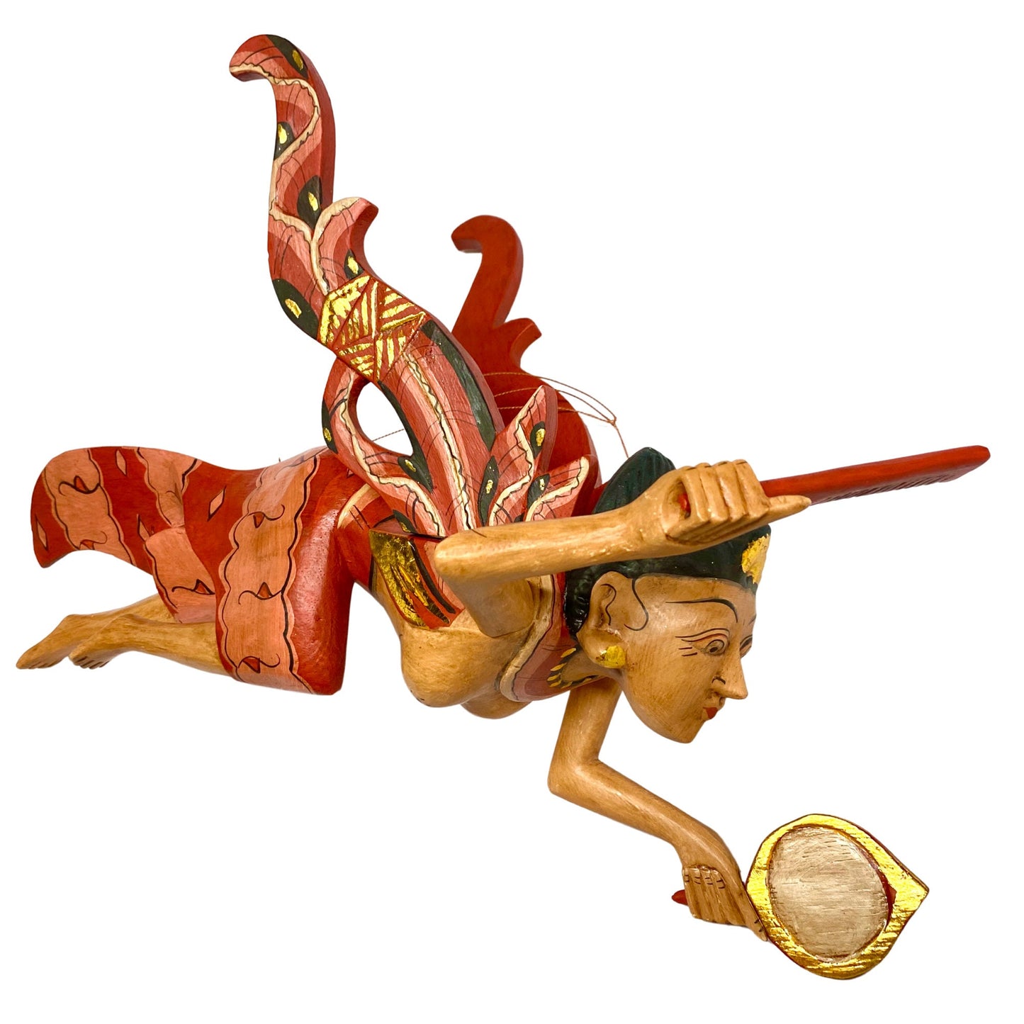Flying Dewi Ratih Moon Lunar Goddess Mobile Crib Guardian Hand Carved Wood Bali Folk Art red 16"