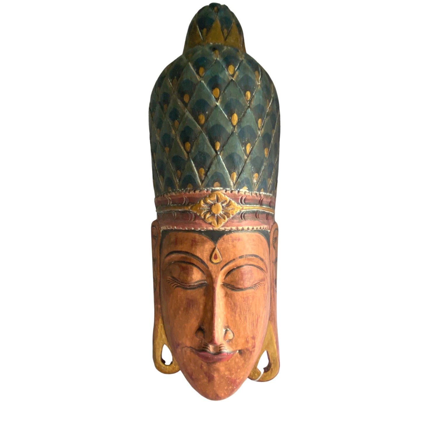 Balinese Buddha Wooden Mask Peacock Crown Vintage style Buddha Mask Hand Carved wood carving Bali Folk Art Eclectic wall sculpture