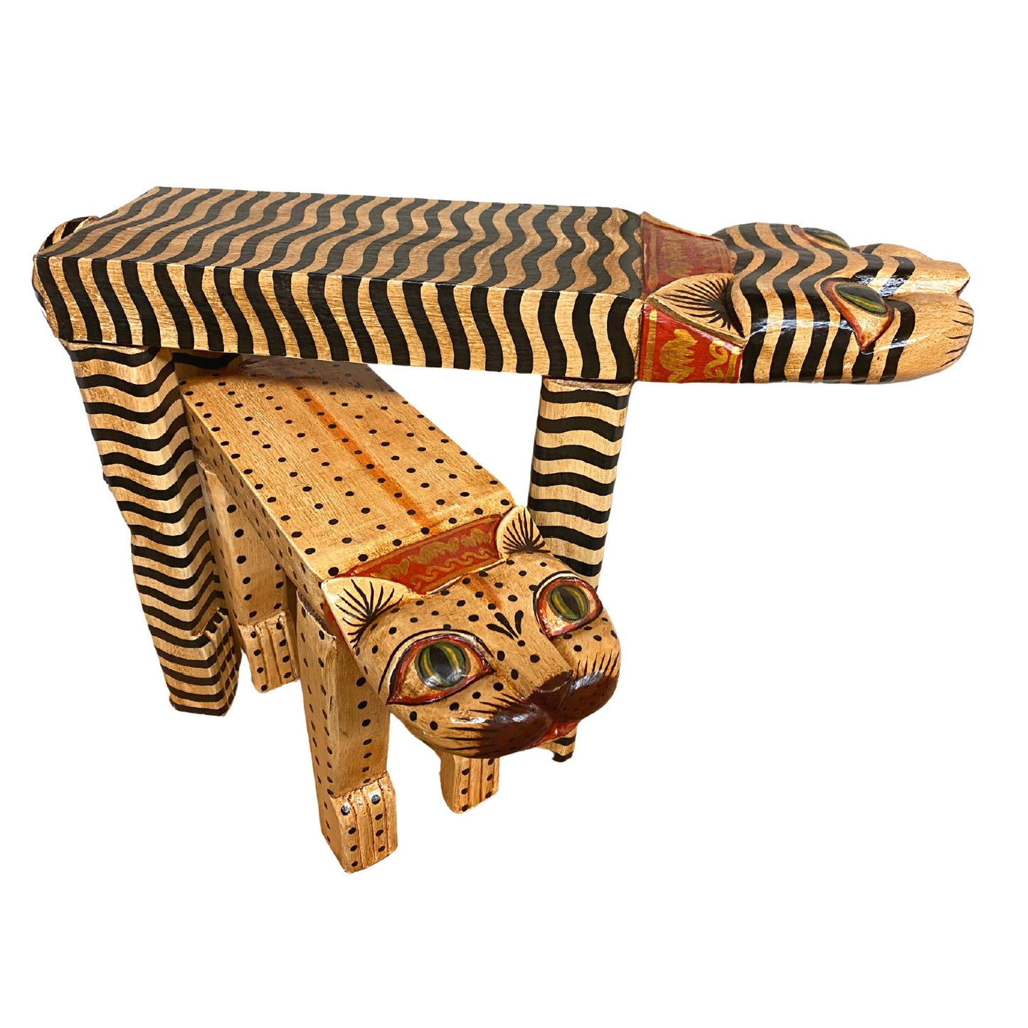 Tiger Cat Plant Stand Black & Beige Stripe Dots Leopard Spots Balinese Hand Carved Wood Carving Feline Bali Folk Art Wooden Stool - Acadia World Traders