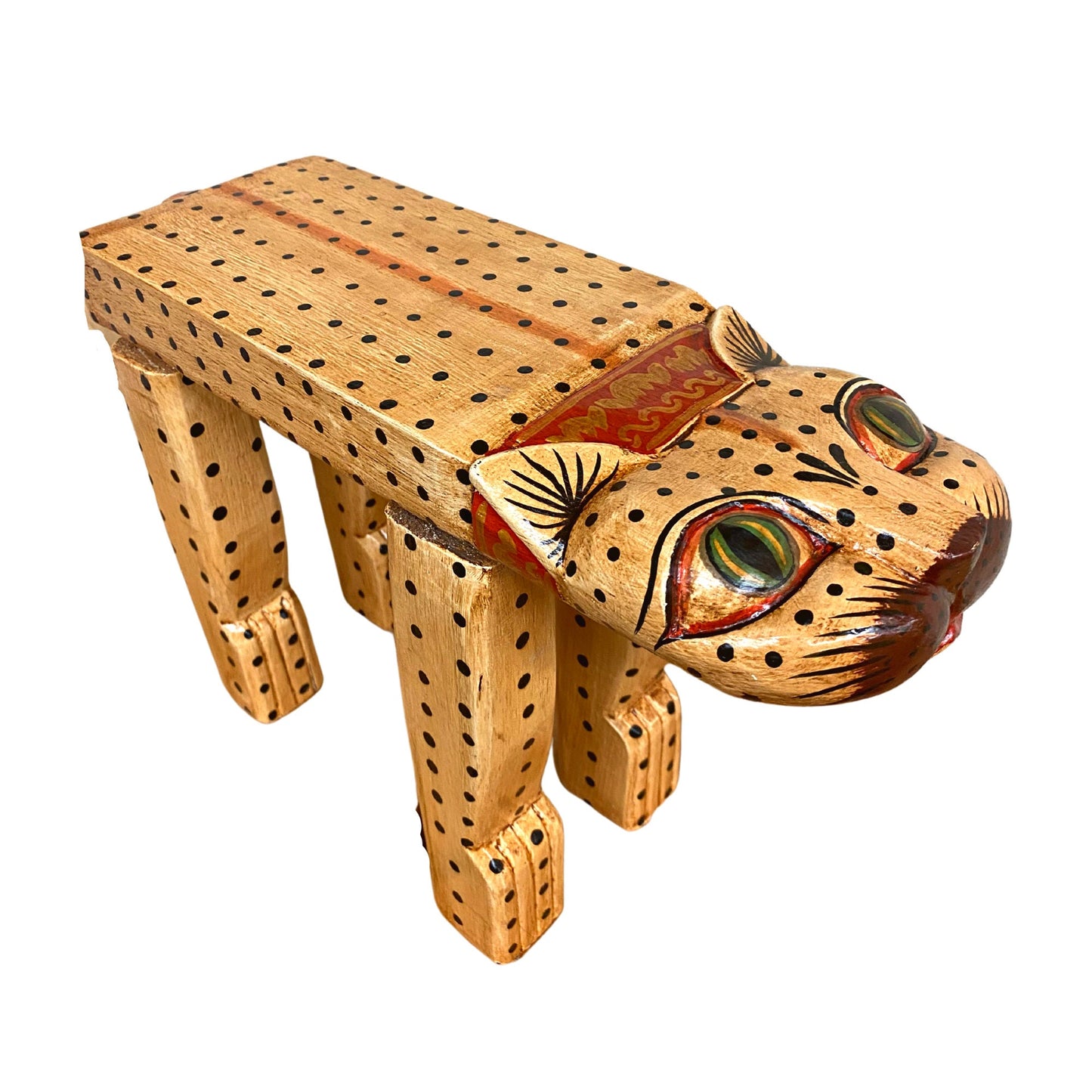 Tiger Cat Plant Stand Black & Beige Stripe Dots Leopard Spots Balinese Hand Carved Wood Carving Feline Bali Folk Art Wooden Stool - Acadia World Traders