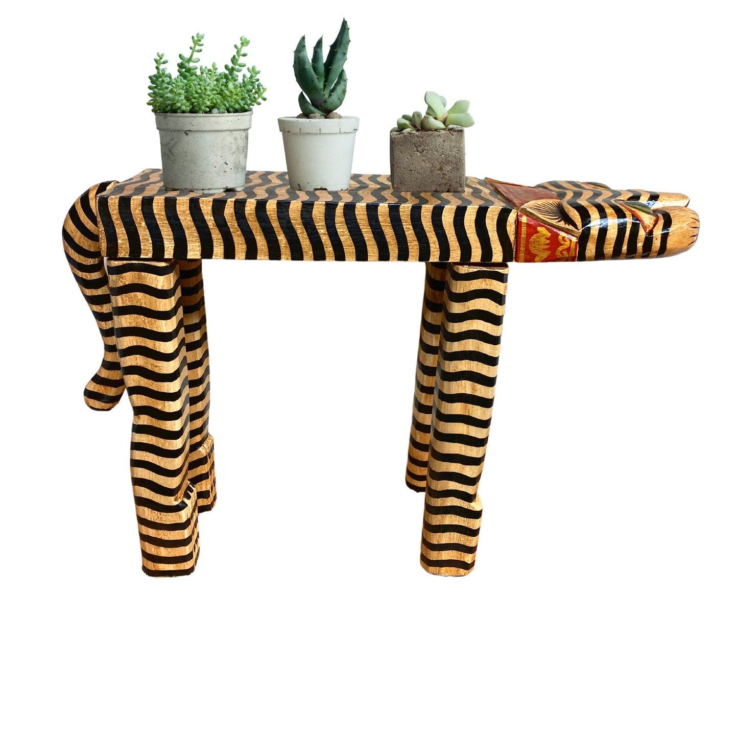Tiger Cat Plant Stand Black & Beige Stripe Dots Leopard Spots Balinese Hand Carved Wood Carving Feline Bali Folk Art Wooden Stool - Acadia World Traders