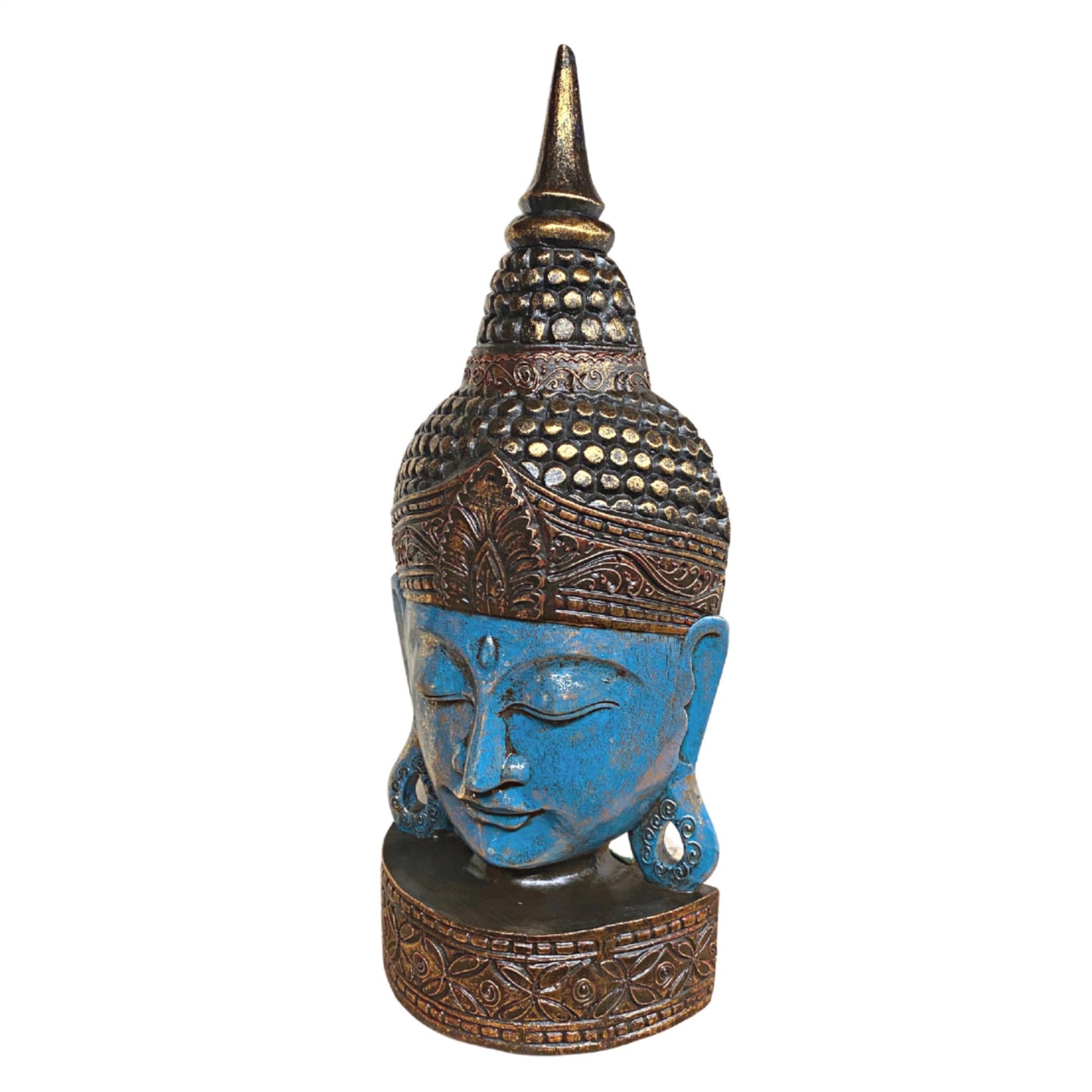Balinese Enlightened Buddha Wooden Mask Wall freestanding Mask Sculpture Hand Carved Wood Carving Balinese Folk art Blue Boho Decor 24"