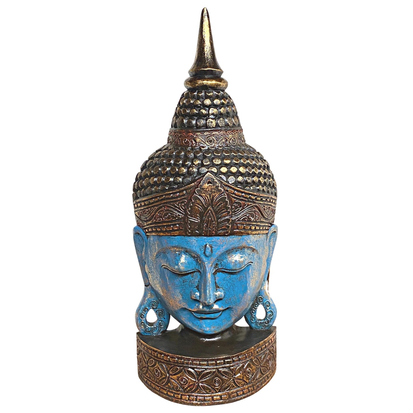 Balinese Enlightened Buddha Wooden Mask Wall freestanding Mask Sculpture Hand Carved Wood Carving Balinese Folk art Blue Boho Decor 24"