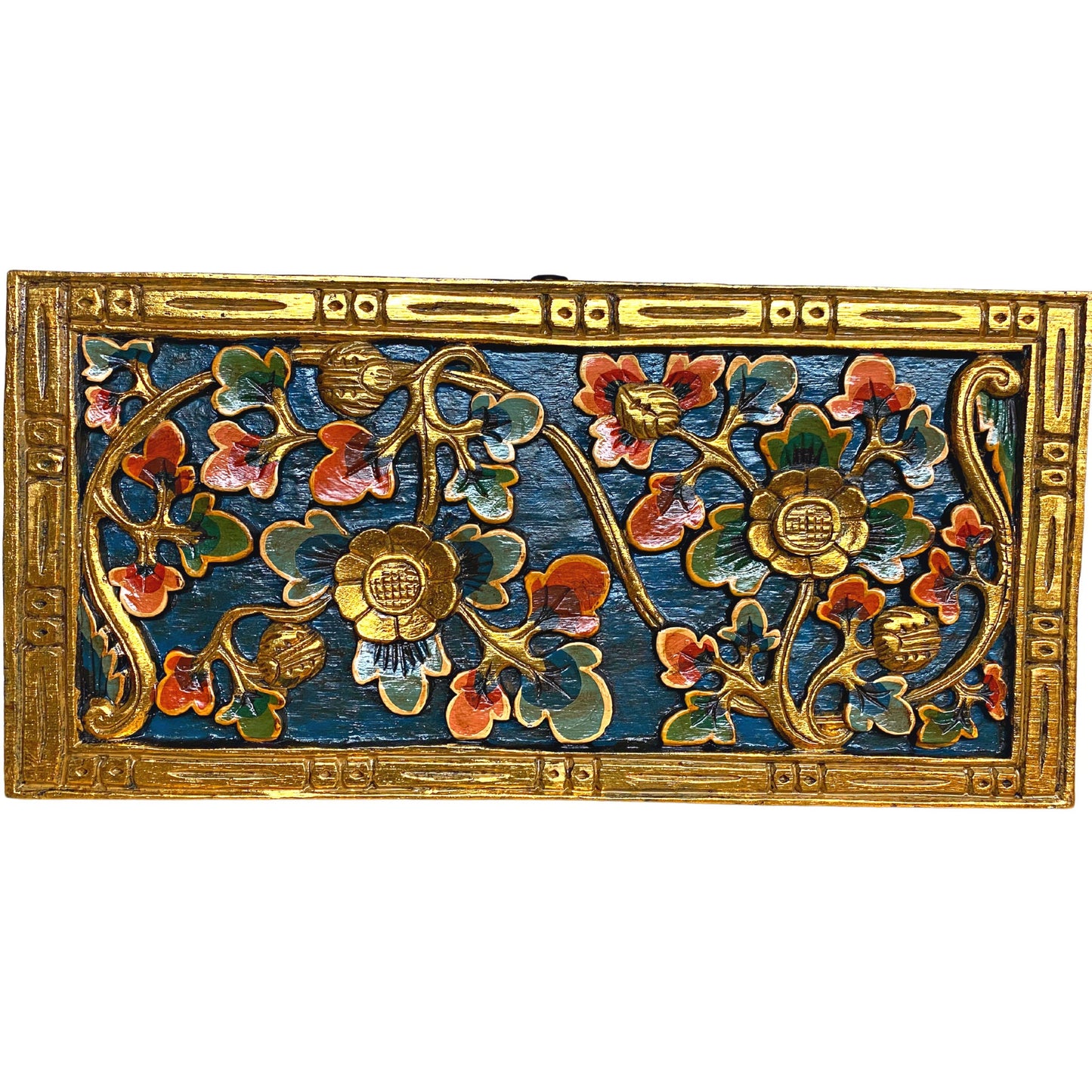 Balinese Lotus Panel architectural Relief Wood Carving Bali wall Art teal 24" - Acadia World Traders