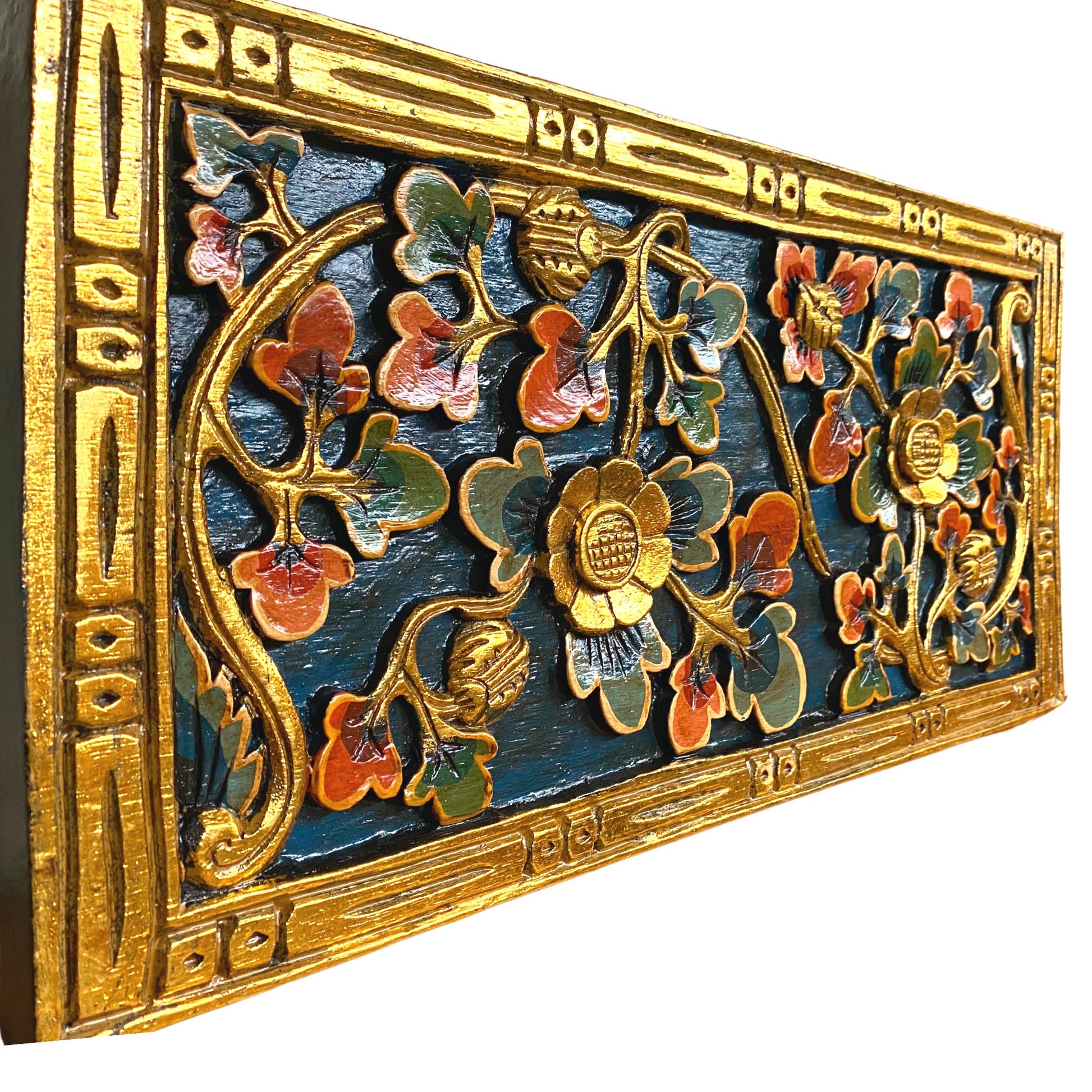 Balinese Lotus Panel architectural Relief Wood Carving Bali wall Art teal 24" - Acadia World Traders