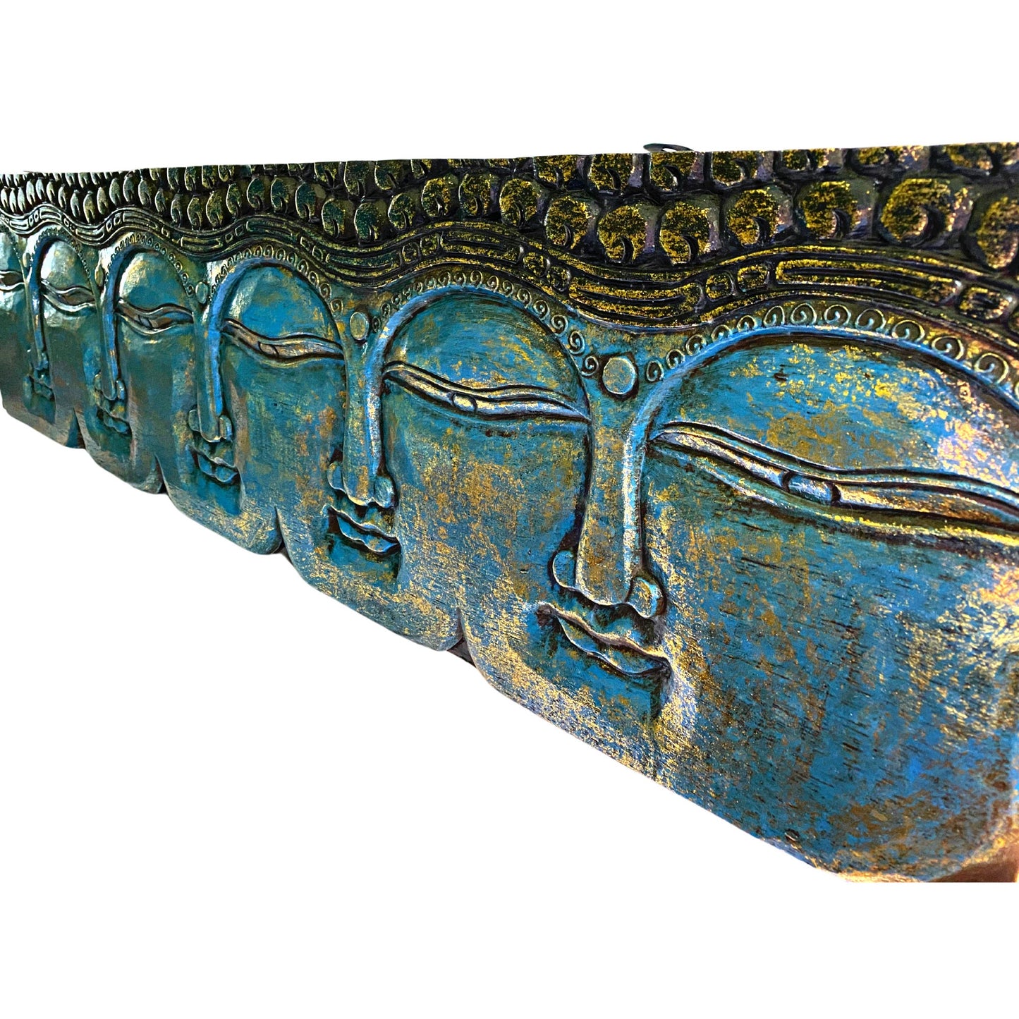 Infinite Faces of Buddha Panel Hand Carved Wood Relief Bali Wall Art Sculpture Balinese Folk Art Blue Home decor 48" - Acadia World Traders