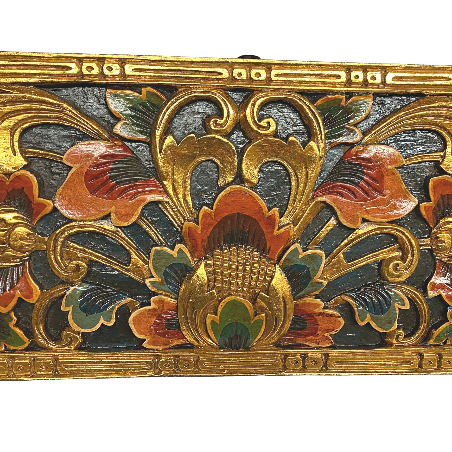 Balinese Lotus Bud Panel architectural Relief Wood Carving Bali wall Art teal 39"