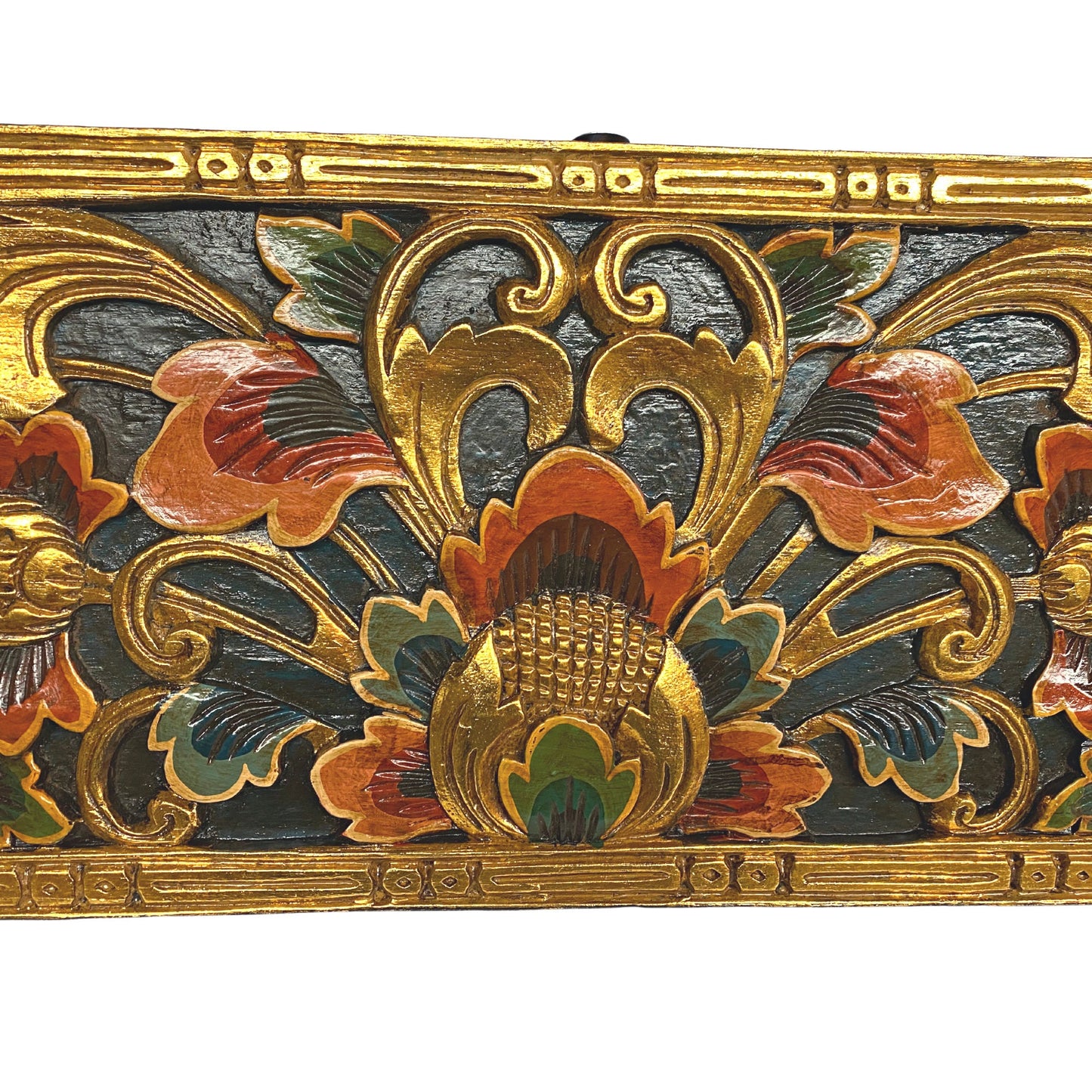 Balinese Lotus Bud Panel architectural Relief Wood Carving Bali wall Art teal 39"