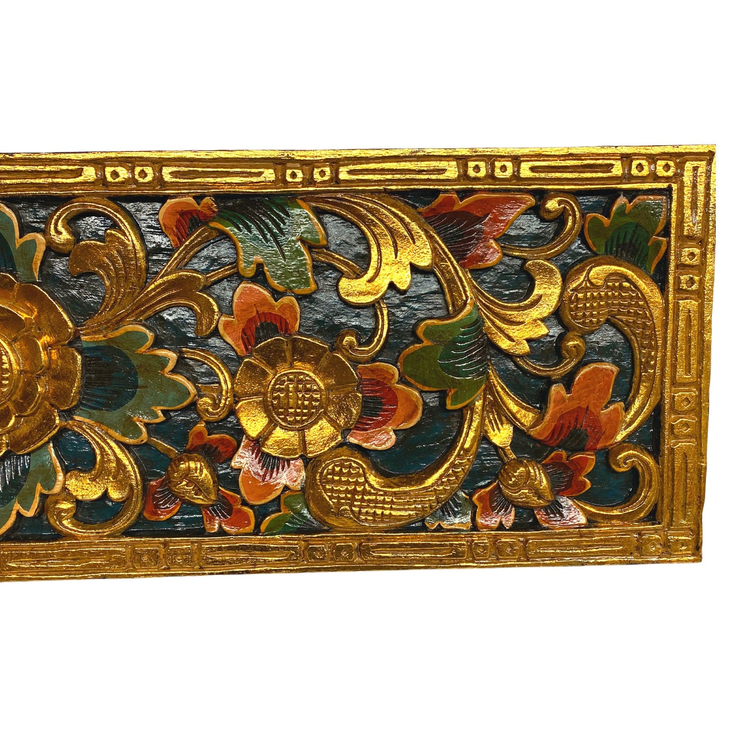 Balinese Golden Lotus Panel architectural Relief Wood Carving Bali wall Art teal 39"
