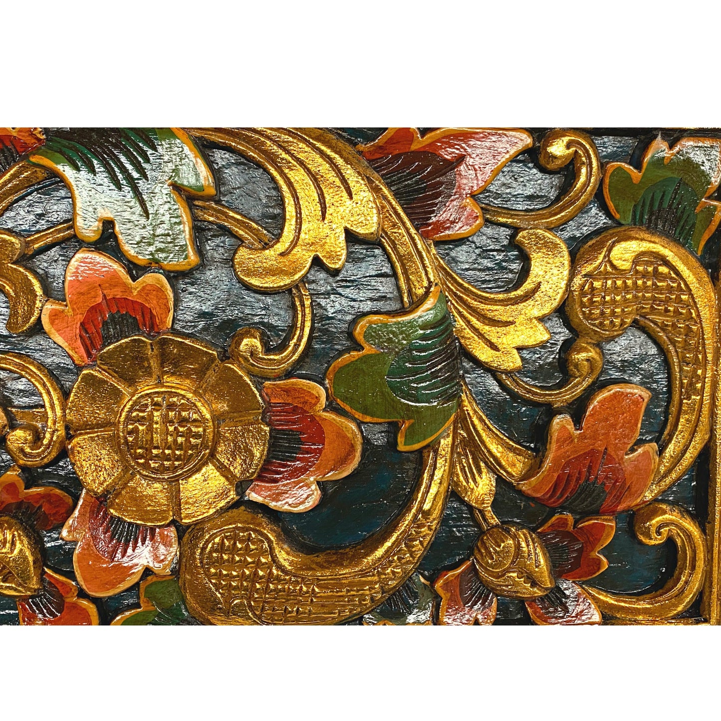 Balinese Golden Lotus Panel architectural Relief Wood Carving Bali wall Art teal 39"