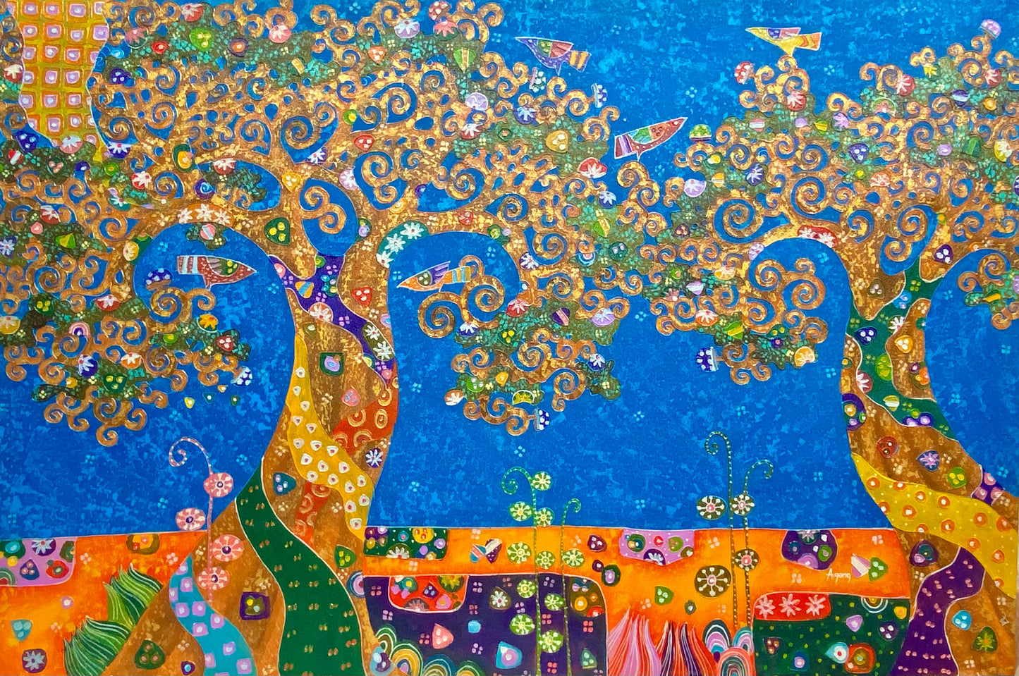 Tree of Life Fine art Painting acrylic on Canvas signed Agung Bali Blue Handmade Home Decor Klimt Inspired Wall Art