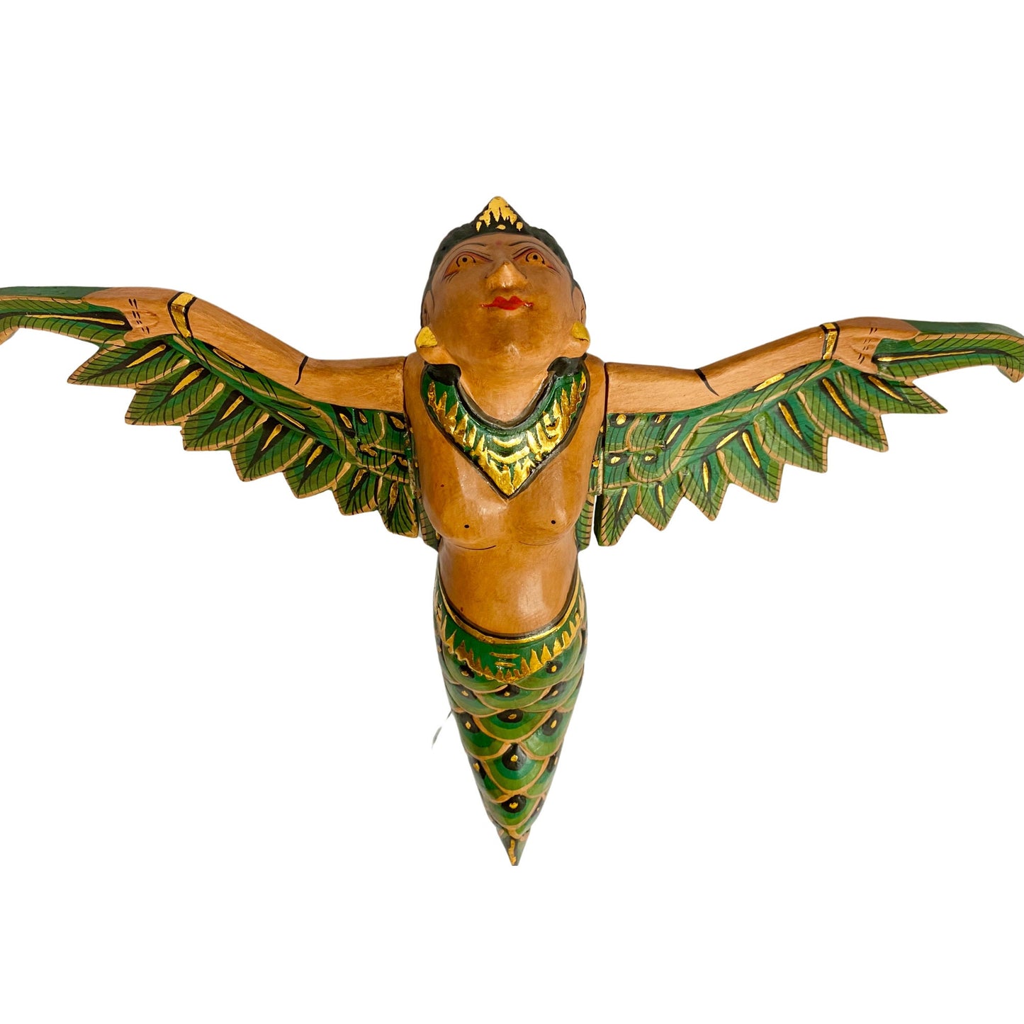 Bali Mermaid Mobile Goddess Winged Flying Sea Maiden Spirit Chaser Cradle Guardian Hand Carved Wood Green Balinese Folk art 16"