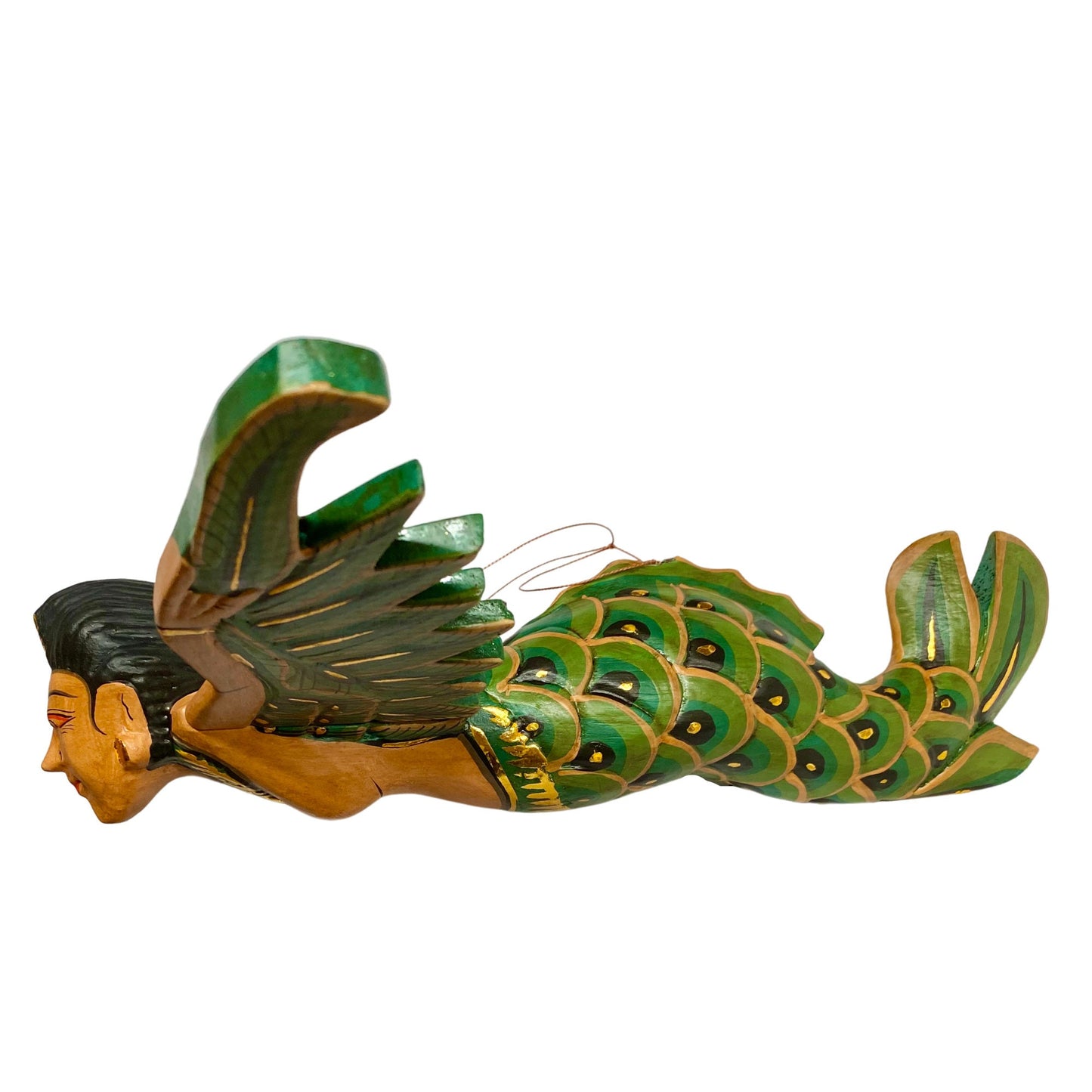 Bali Mermaid Mobile Goddess Winged Flying Sea Maiden Spirit Chaser Cradle Guardian Hand Carved Wood Green Balinese Folk art 16"